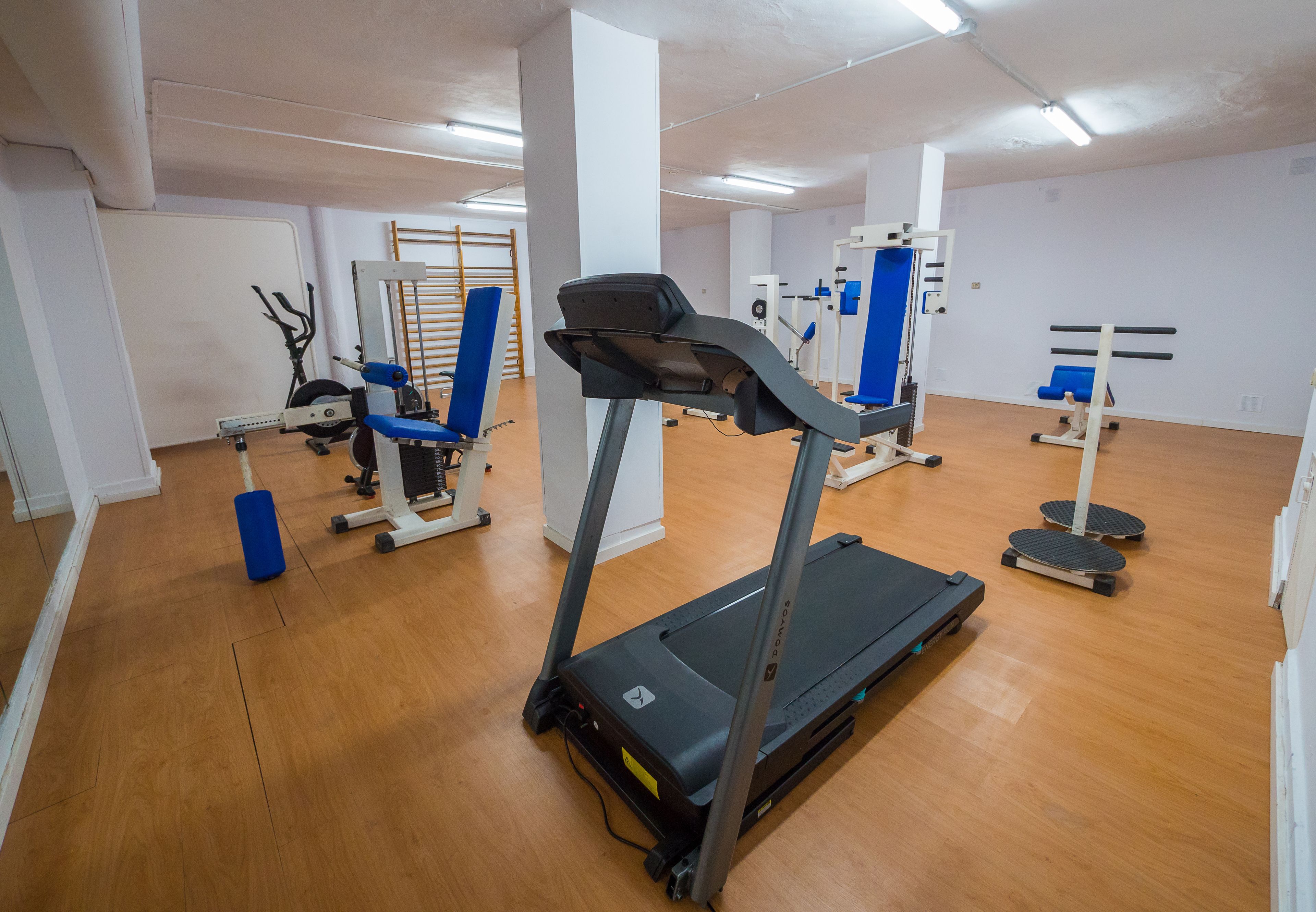 A gym with treadmills, weight machines, and exercise mats.
