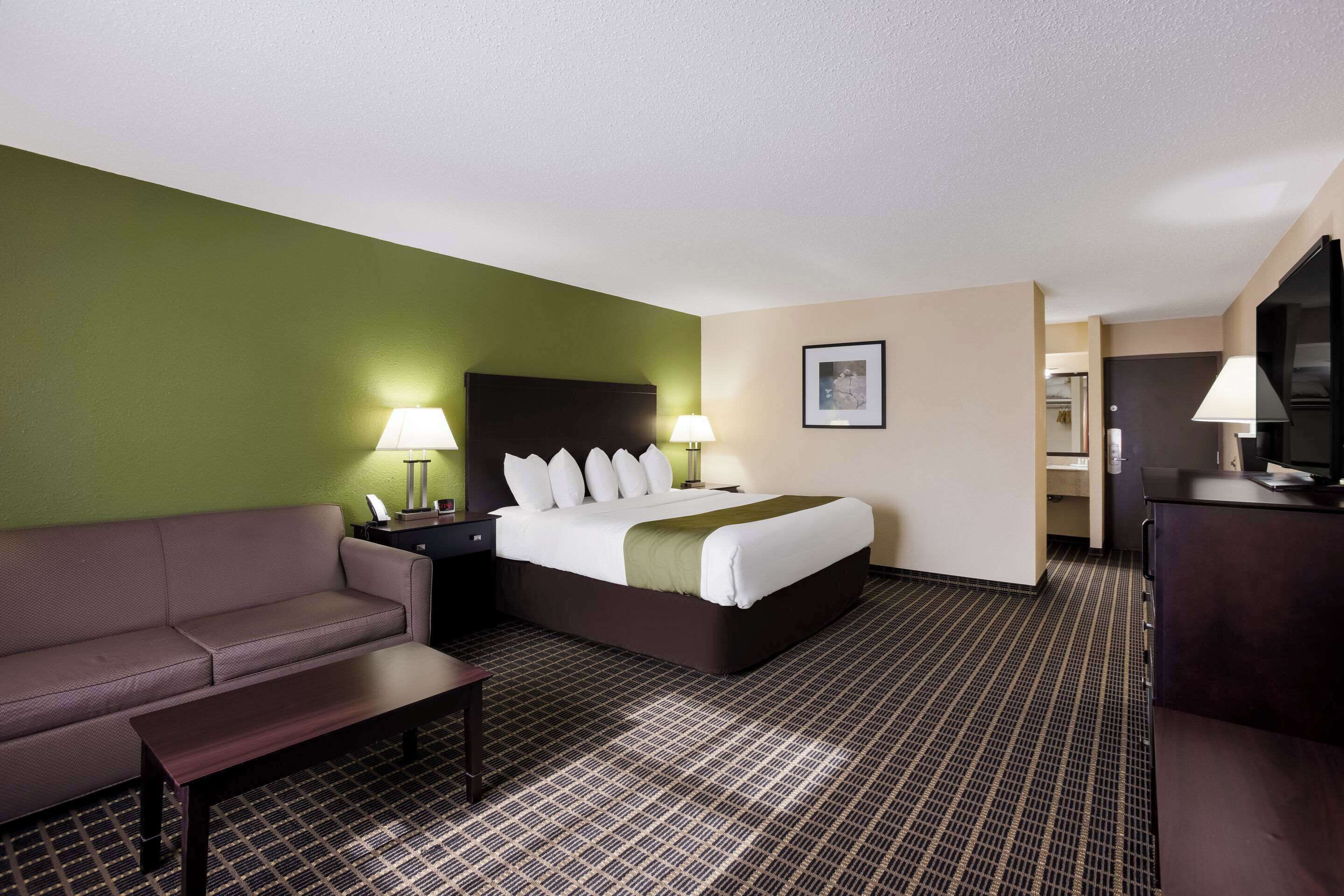 A hotel room with a bed, a sofa, a desk, and a television.