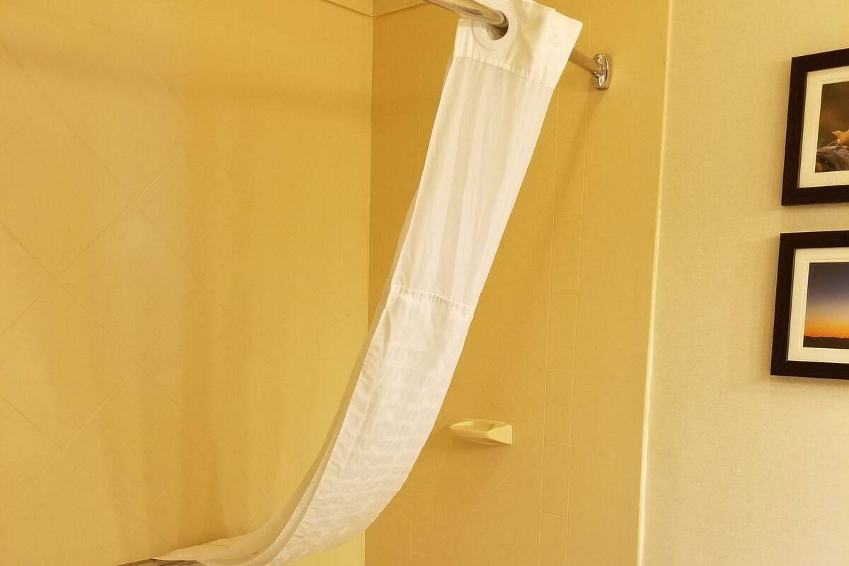 combined shower/bathtub, free toiletries, hair dryer, towels