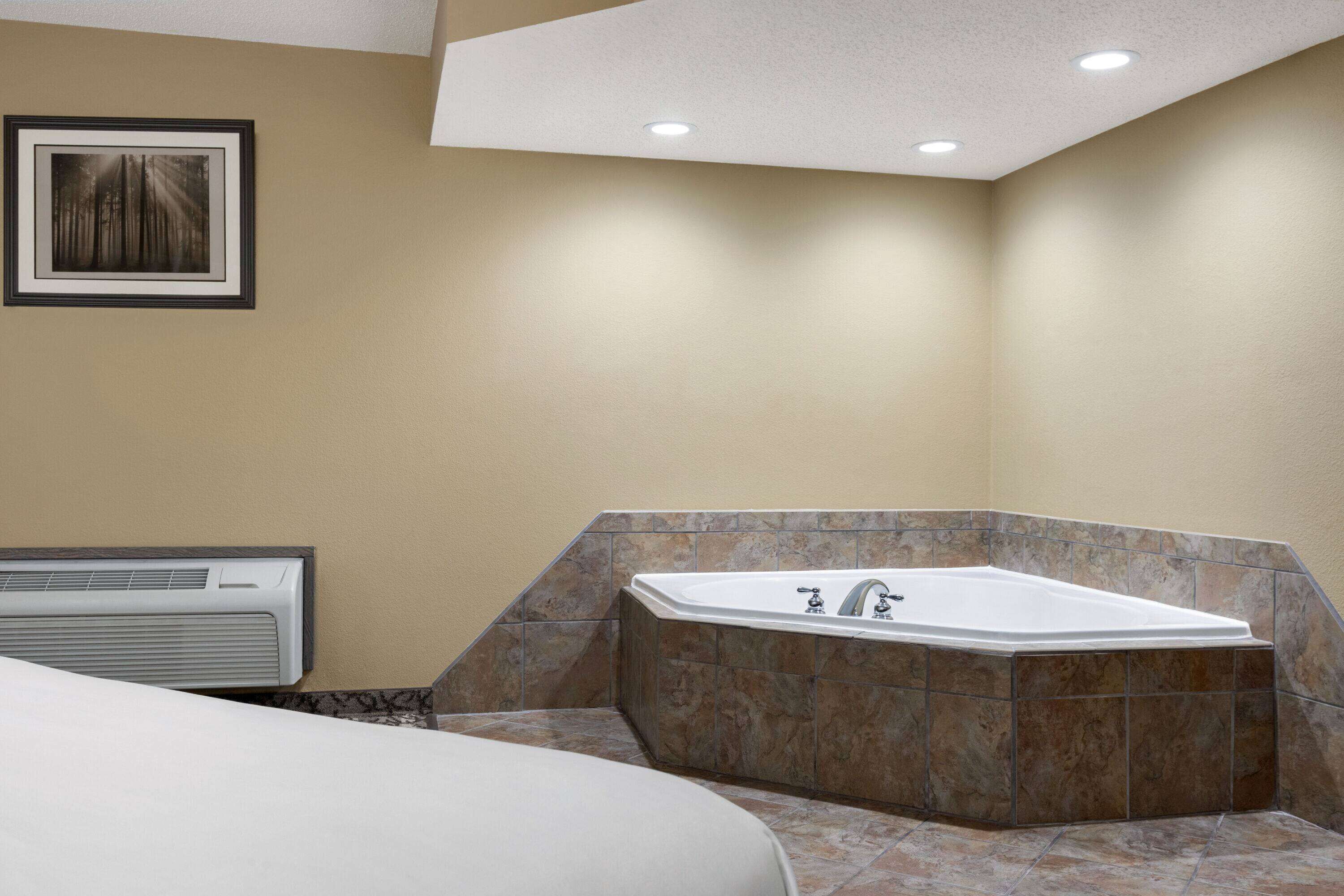 Une salle de bain avec une grande baignoire, un tableau encadré au mur et un plafond doté d’un éclairage encastré.