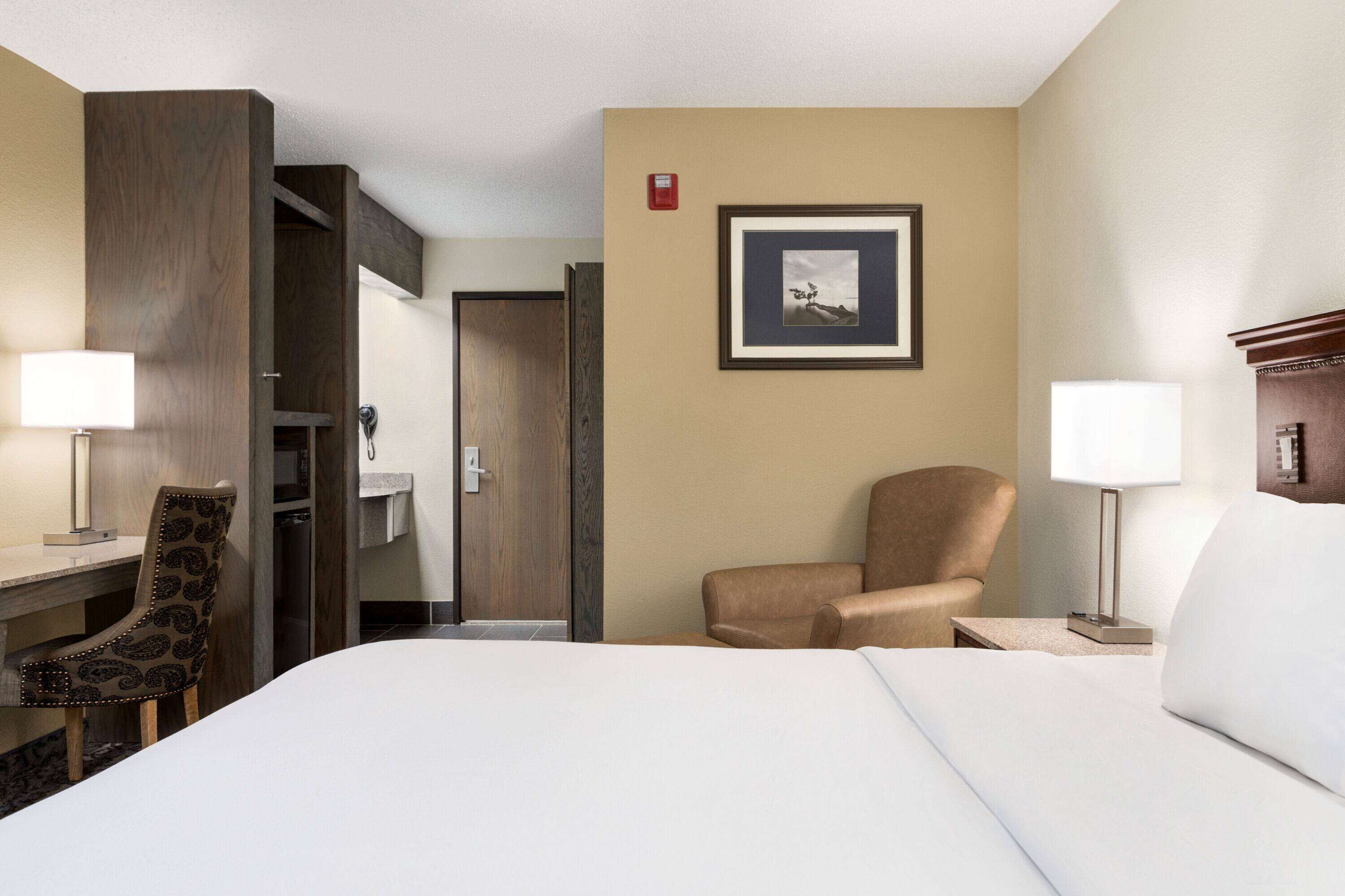 A hotel room with a bed, a desk with a chair, a bedside table with a lamp, a wardrobe, and a framed picture on the wall.