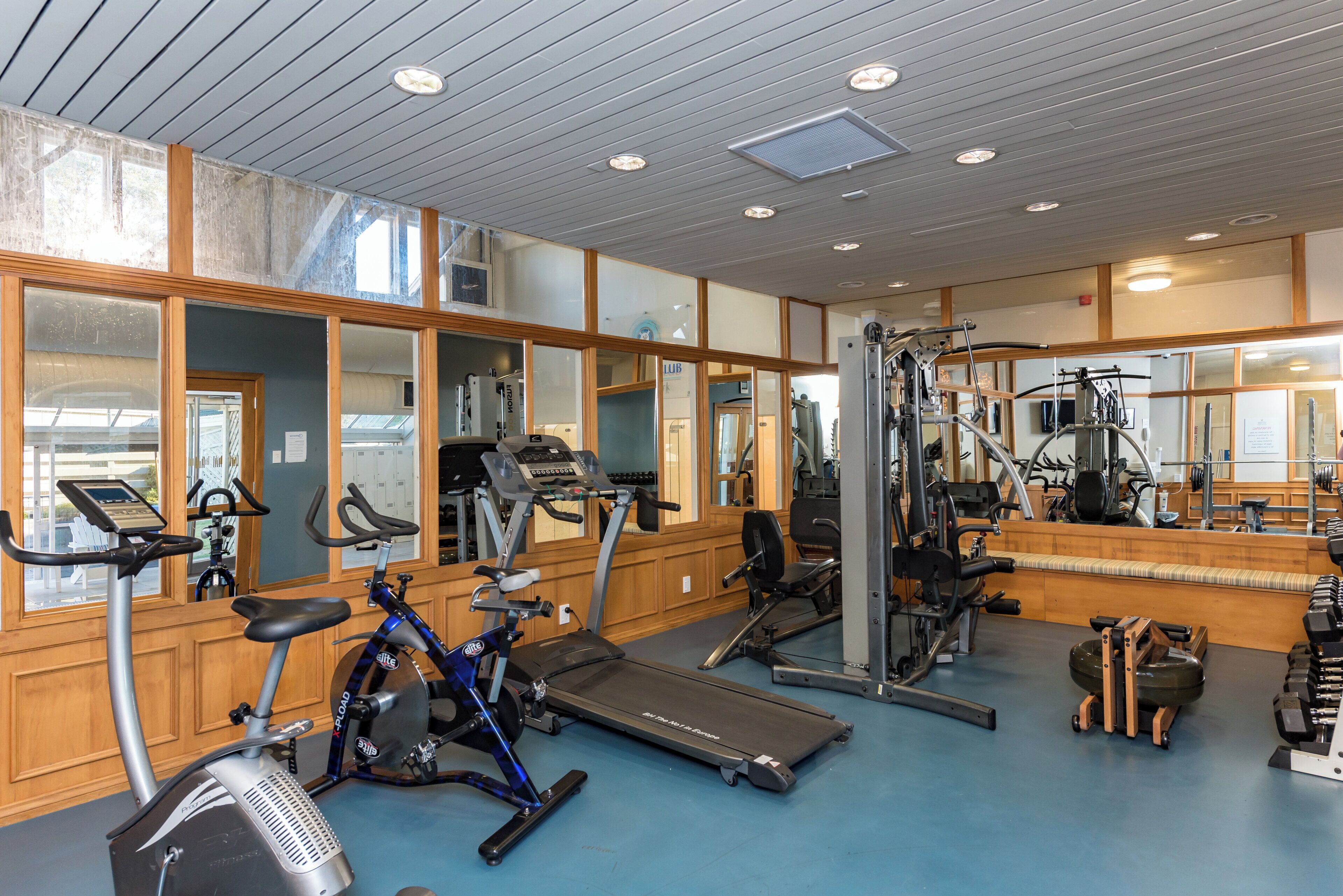 A gym with treadmills, stationary bikes, and weight machines.