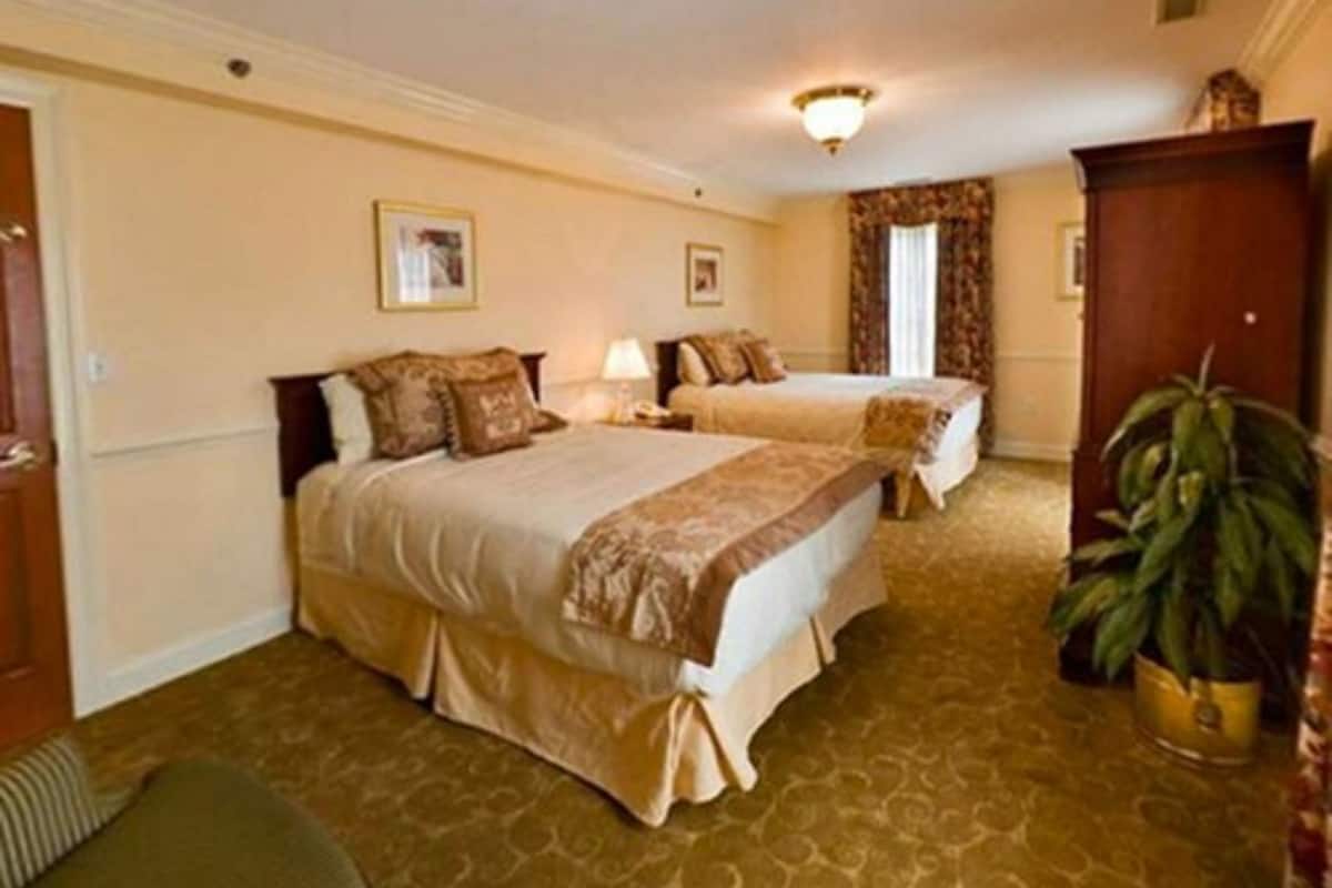 A hotel room with two beds, a nightstand, a lamp, a potted plant, and a wardrobe.