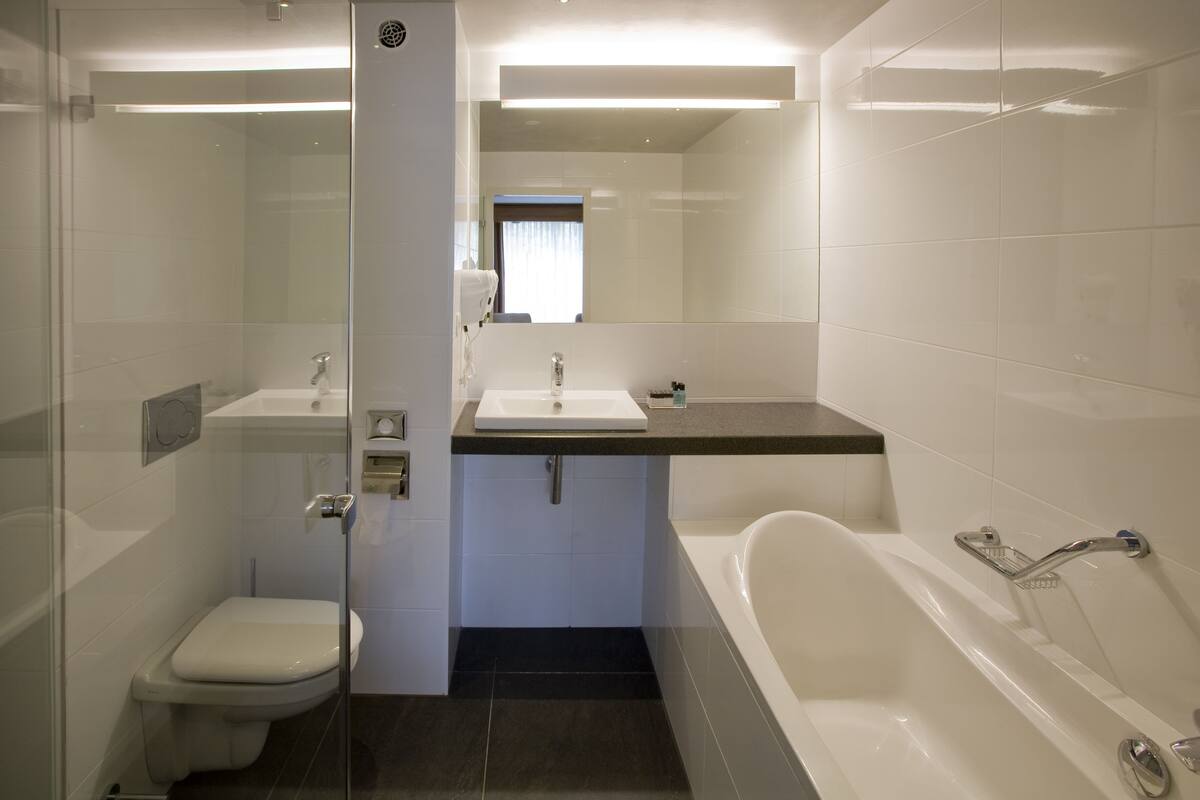 free toiletries, hair dryer, towels