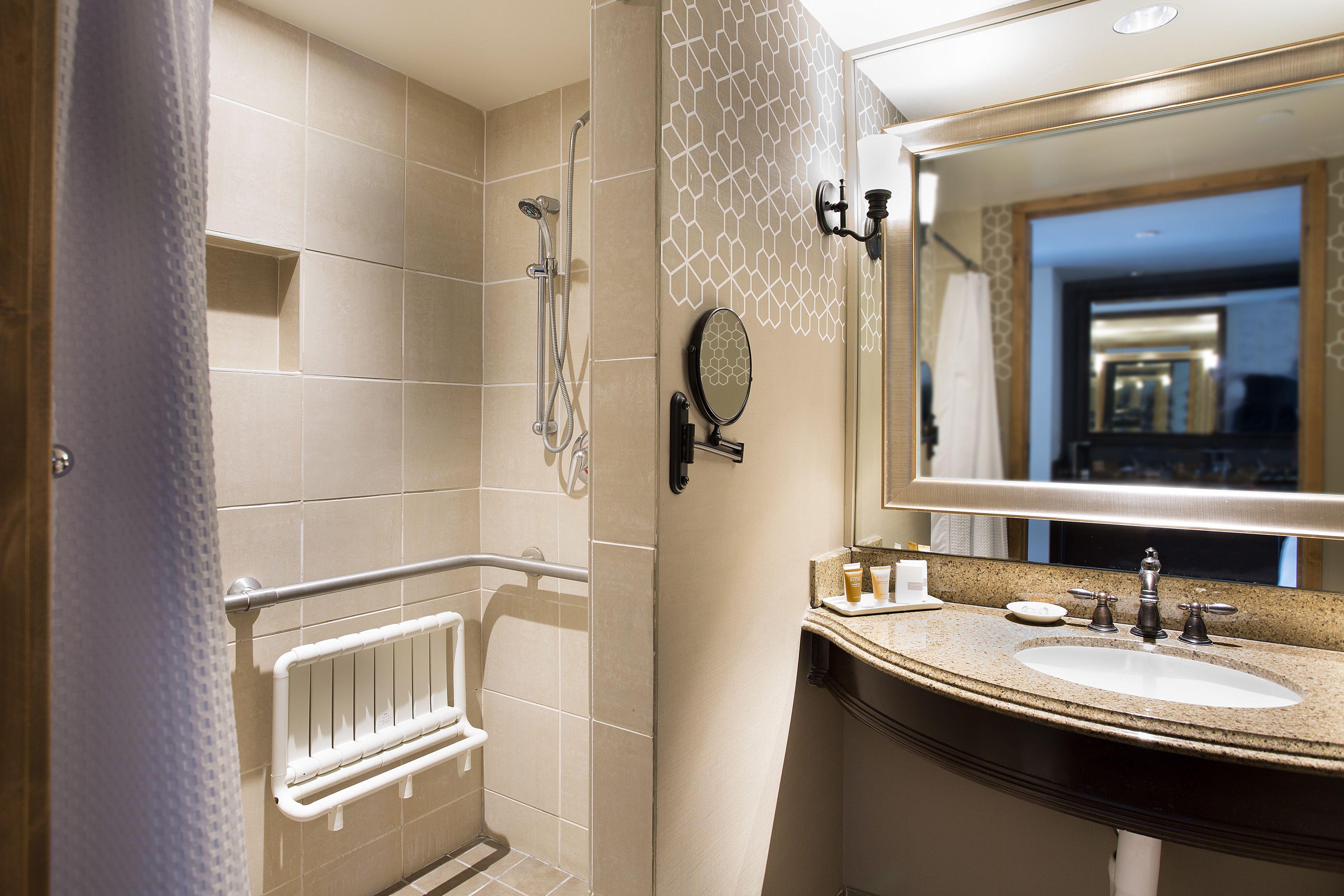 designer toiletries, hair dryer, bathrobes, towels