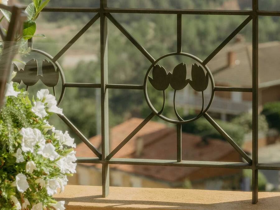 A balcony with a metal railing, a flower pot with white flowers, and a view of houses in the background.