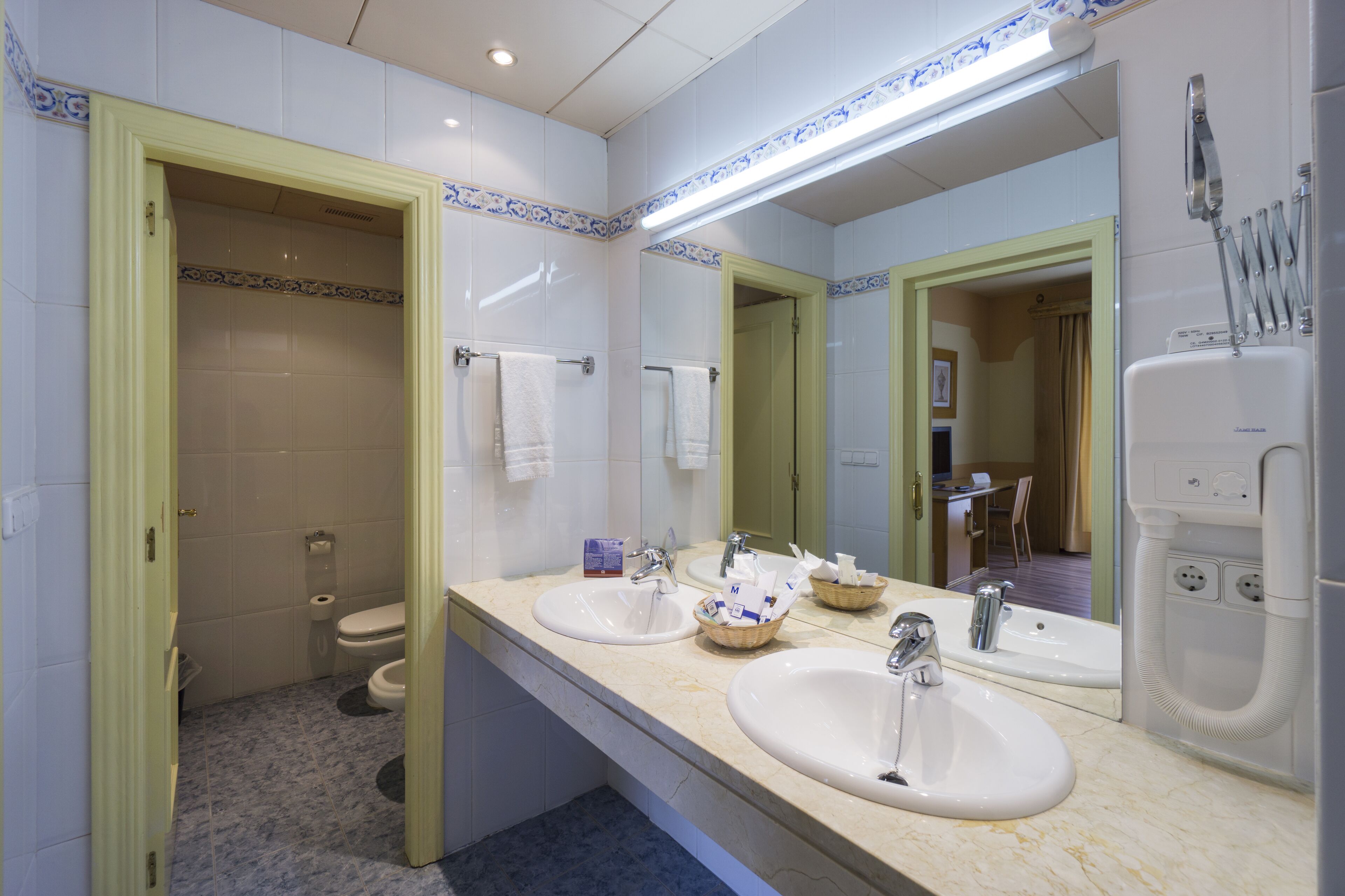 hair dryer, bidet, towels, soap