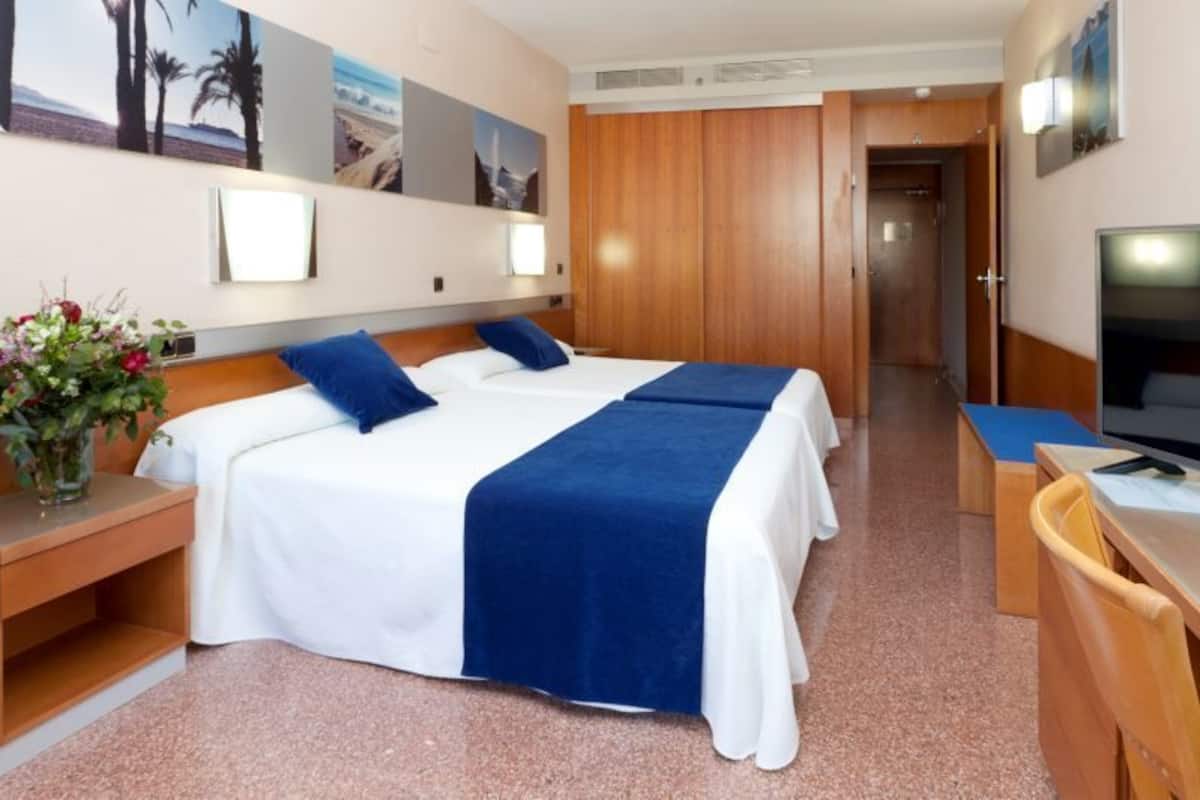 Hotellihuone, jossa on kaksi sänkyä, työpöytä tuolilla, televisio ja pieni pöytä, jonka päällä on maljakko täynnä kukkia.