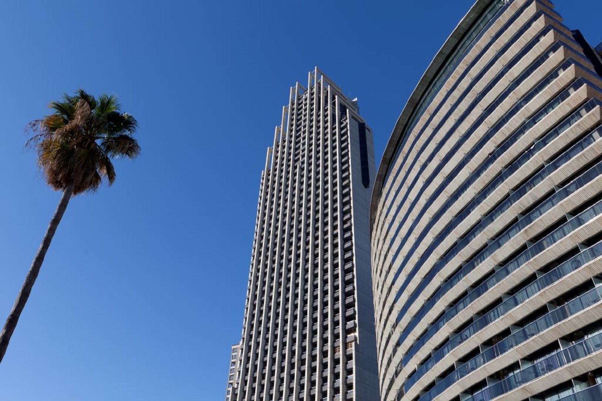 Un edificio alto y moderno con fachada de entramado y una estructura curva a la derecha.