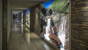 Un pasillo con un suelo de madera pulida y larga, y paredes decoradas con amplios murales iluminados que representan cascadas.