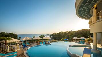 Seasonal outdoor pool, pool umbrellas, pool loungers