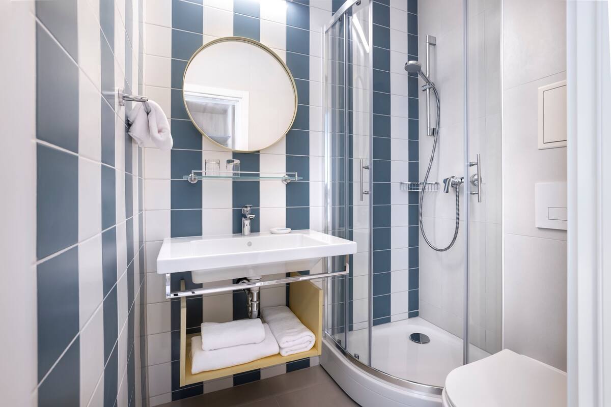 shower, free toiletries, hair dryer, towels