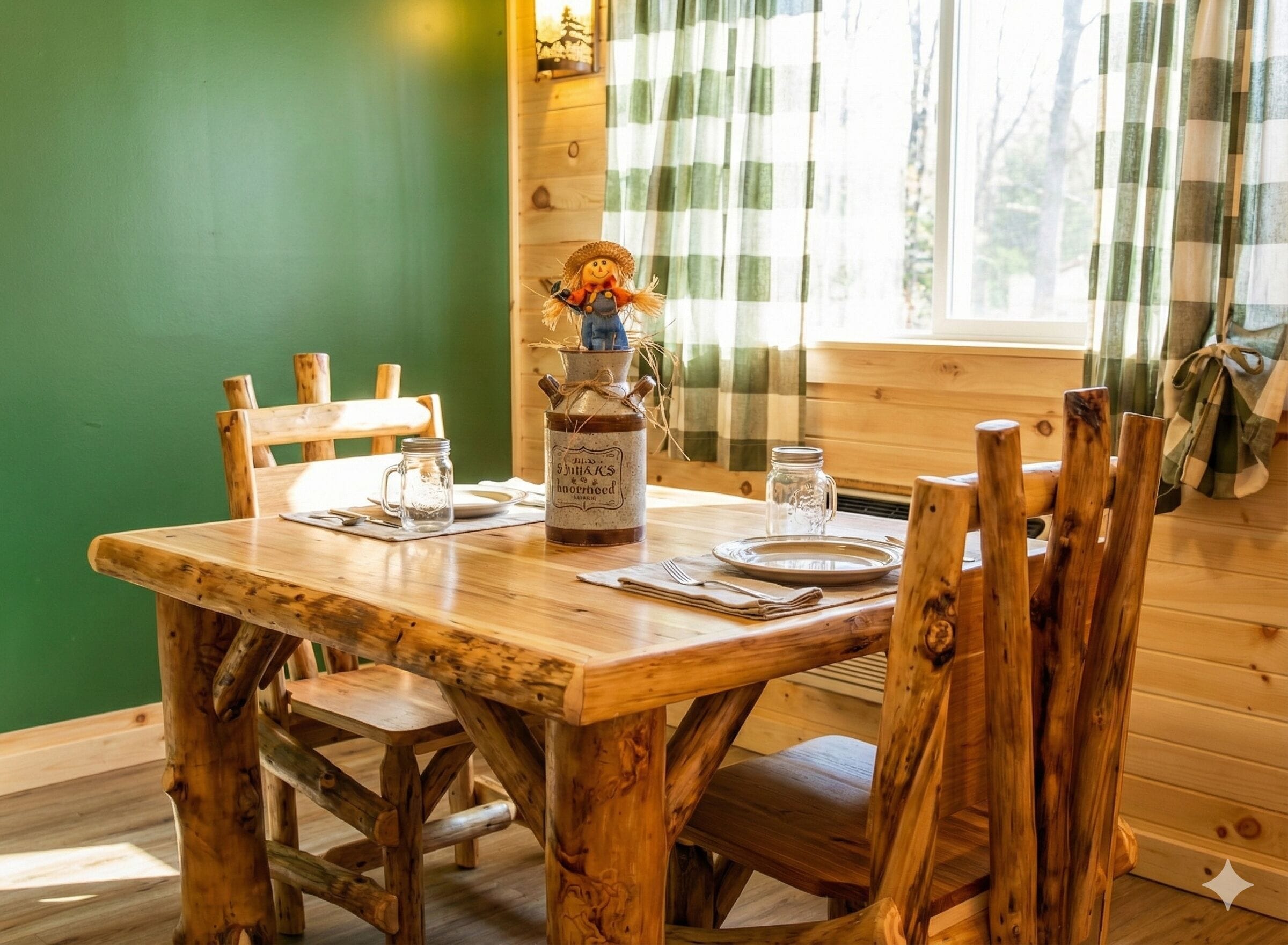 Une table de salle à manger en bois rustique, avec des chaises, un vase rempli de fleurs et un bocal portant une étiquette.