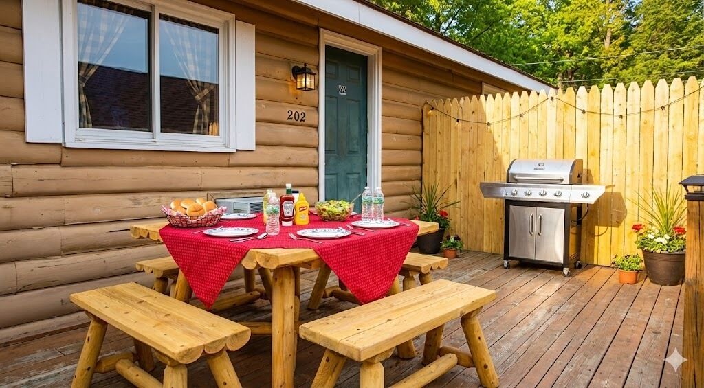 A wooden cabin with a deck, picnic tables, a grill, and a door marked with the number 202.