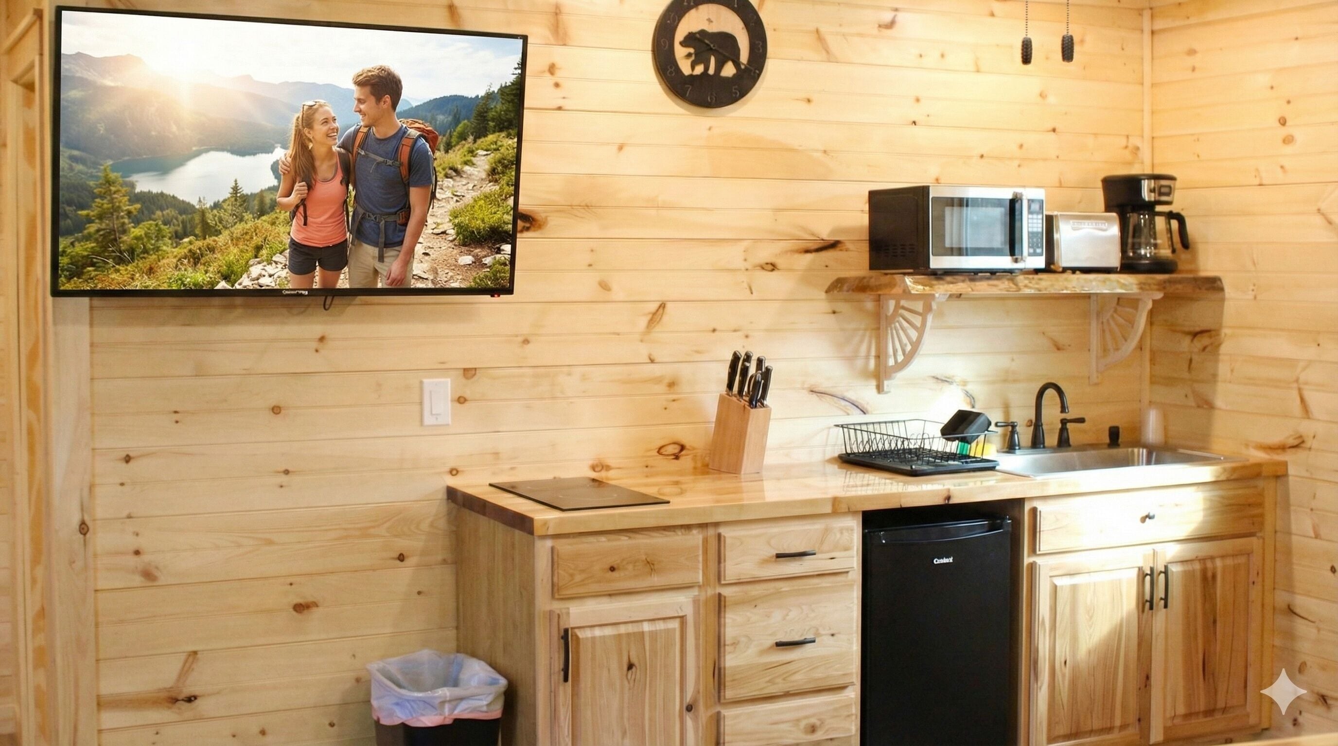 A wooden cabin interior with a kitchen area, a mounted television displaying a couple on a mountain trail, and a bear-themed clock.