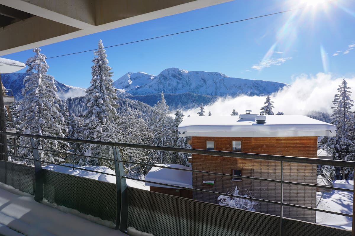 Une vue sur une montagne, avec des arbres couverts de neige et un bâtiment sur lequel on peut lire l’inscription « Salis C. »