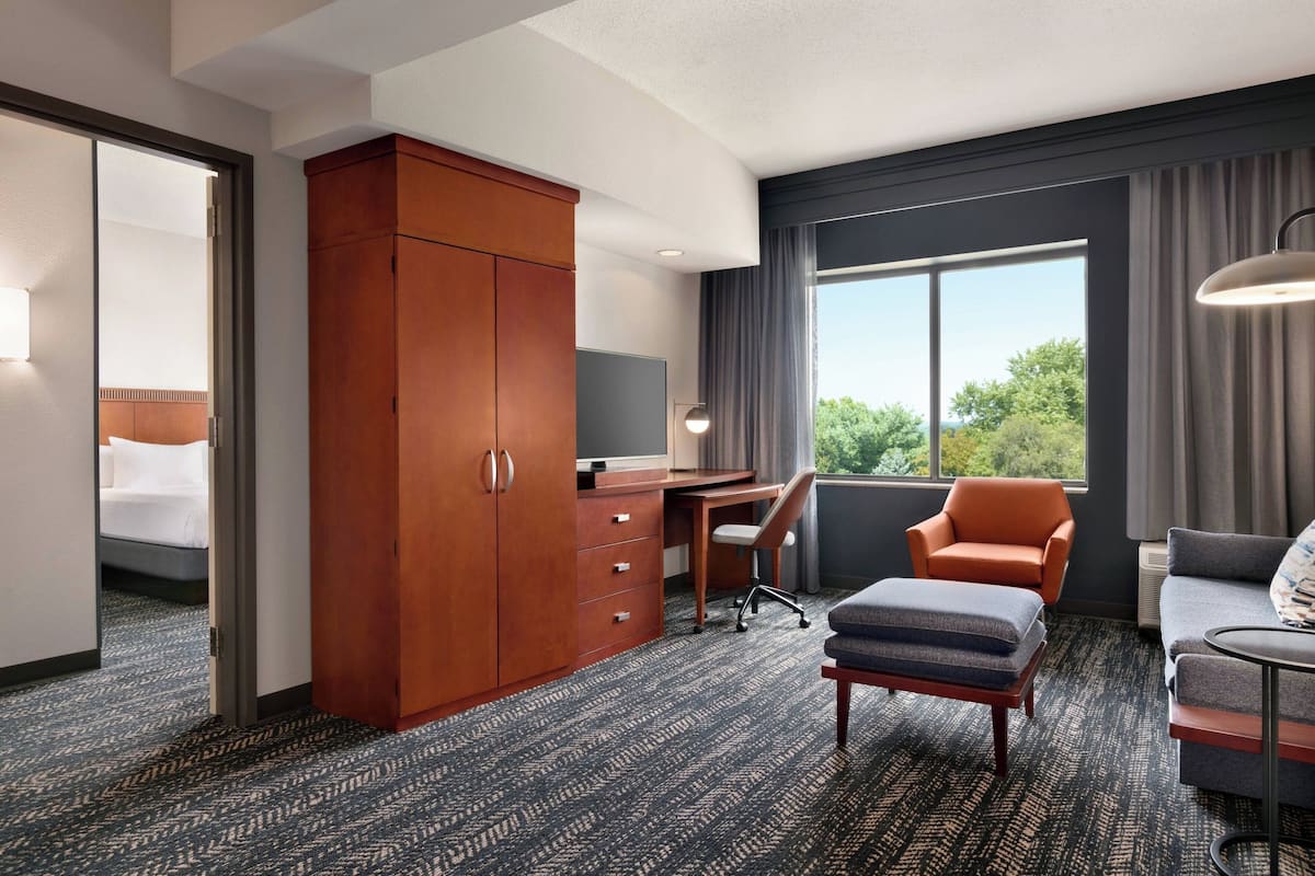 A hotel room with a bed, a desk, a wardrobe, a chair, an ottoman, and a sofa.