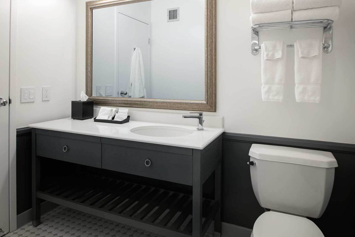 Un baño moderno con tocador doble, un espejo grande, inodoro y un perchero para toallas.