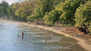 Ein Strand mit klarem Wasser, Bäumen und Menschen.
