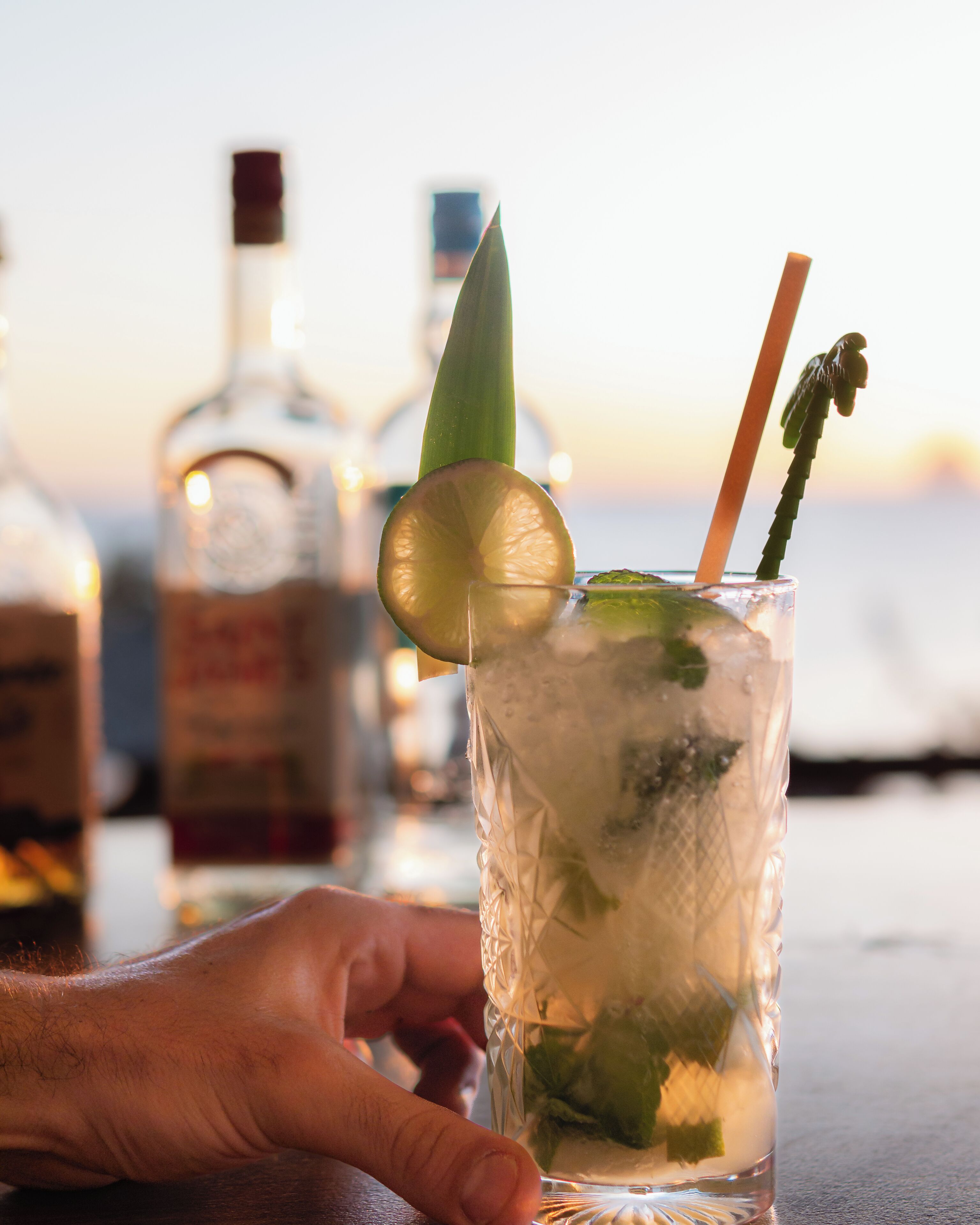 A glass of cocktail with a lime wedge and mint leaves, a straw, and a hand holding it. In the background, there are blurred bottles of liquor.