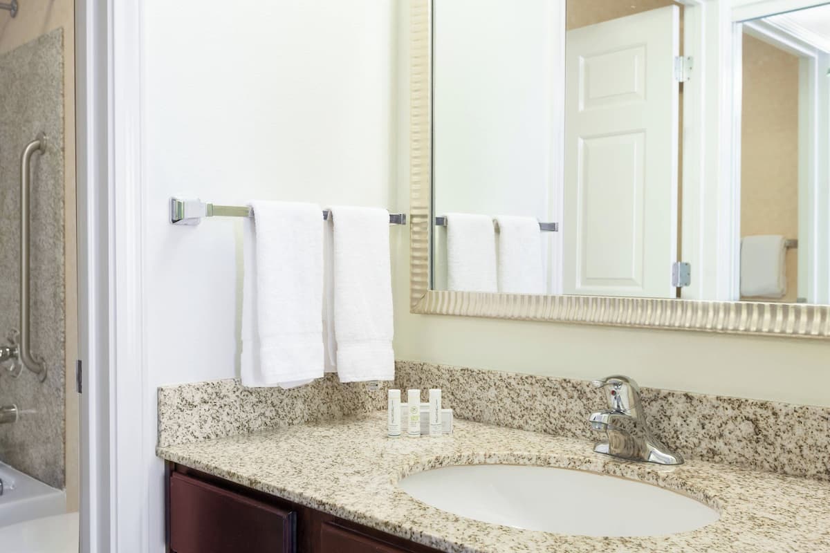 combined shower/bathtub, free toiletries, hair dryer, towels