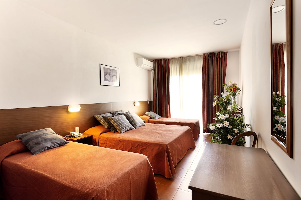 Habitación de hotel con dos camas, cabecero de madera, mesita de noche con lámpara, planta en maceta y un espejo grande.
