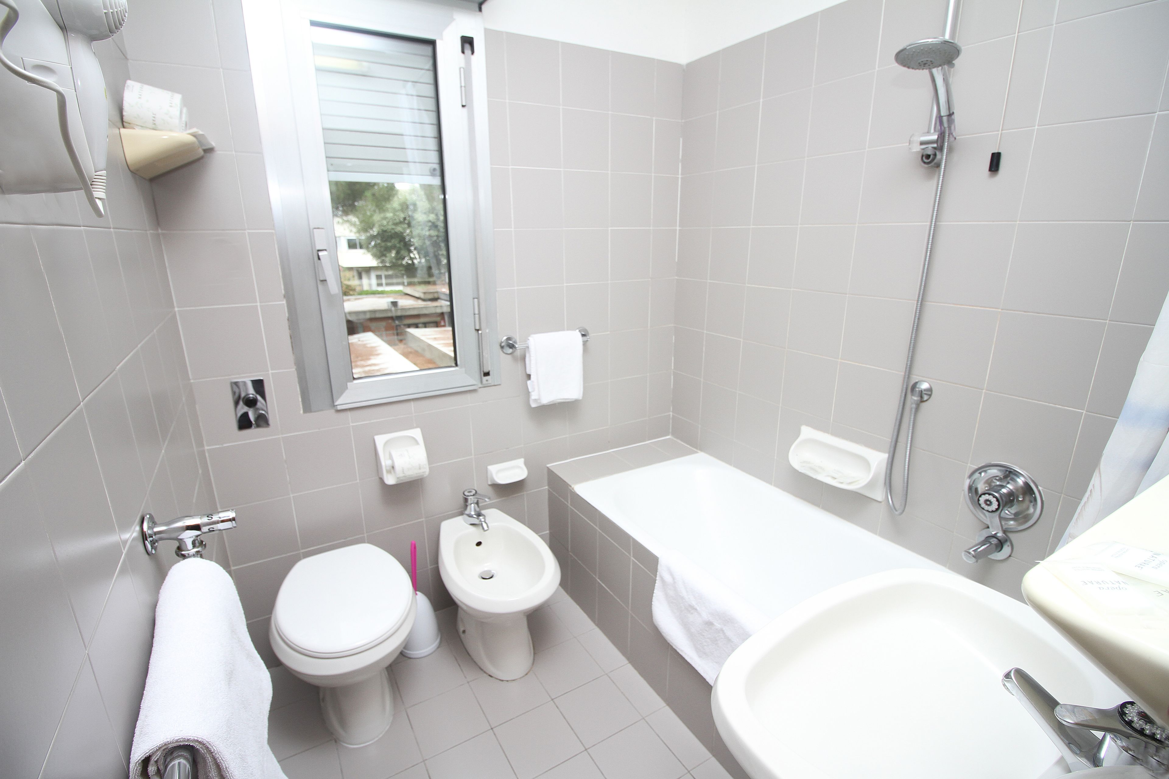 hair dryer, bidet, towels