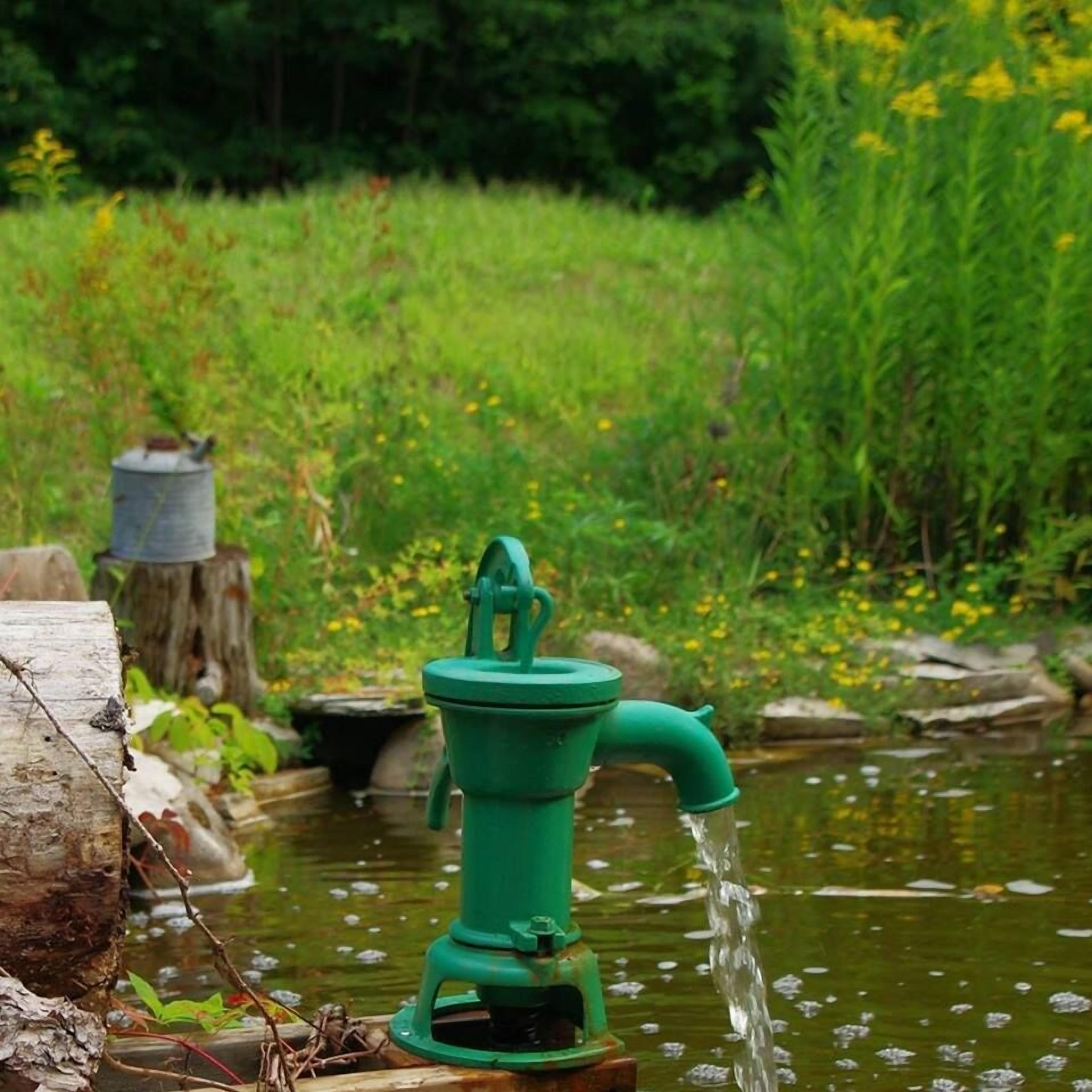 Una bomba de agua verde en un entorno natural, con un estanque y follaje al fondo.
