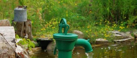 A green water pump in a natural setting with a pond and greenery in the background.