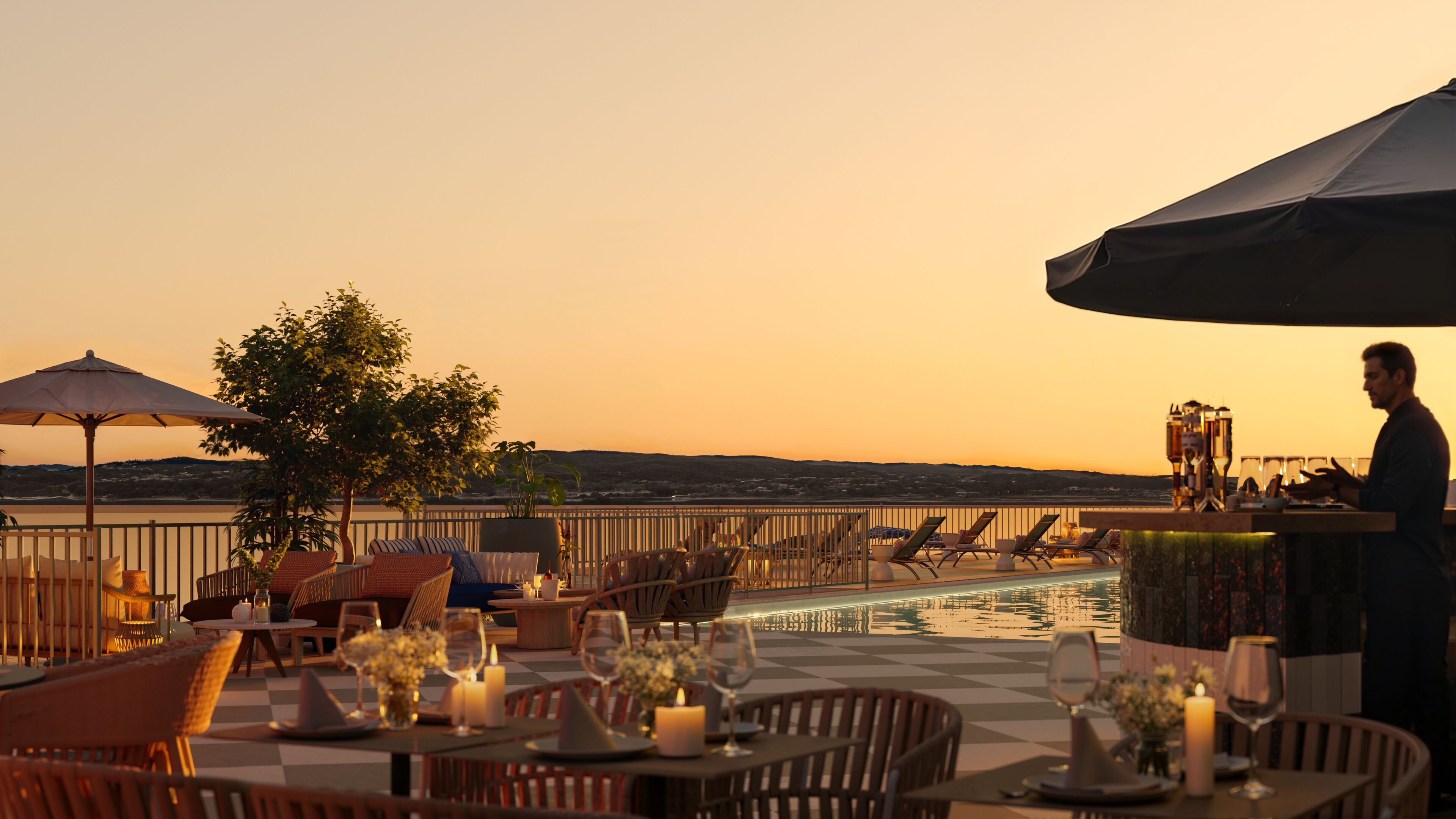 Seasonal outdoor pool, pool umbrellas, pool loungers