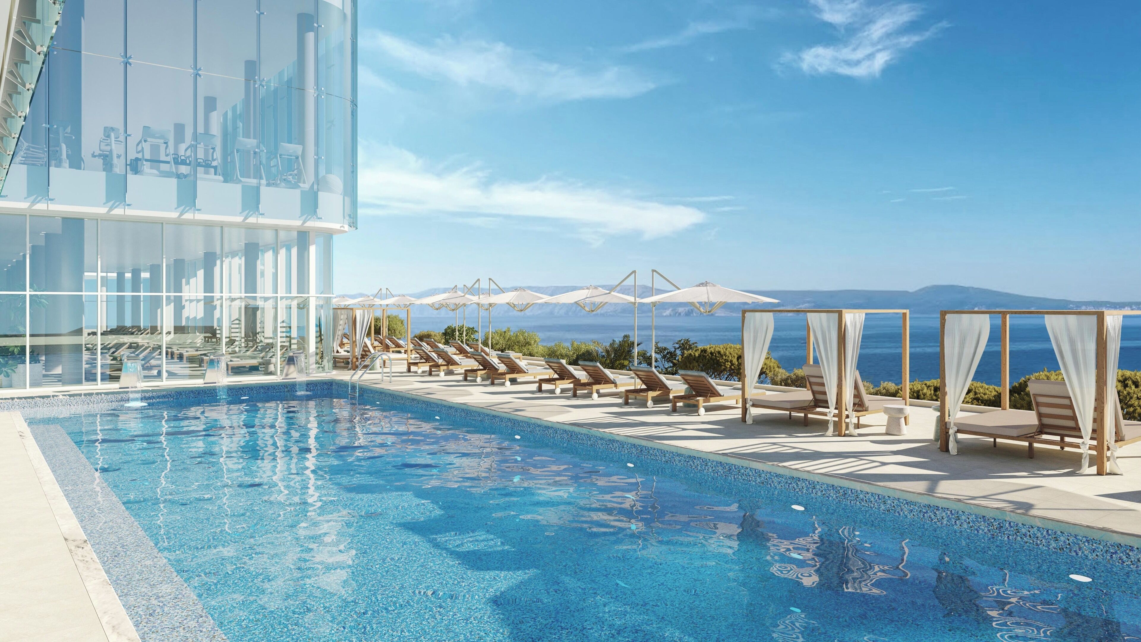 Seasonal outdoor pool, pool umbrellas, sun loungers