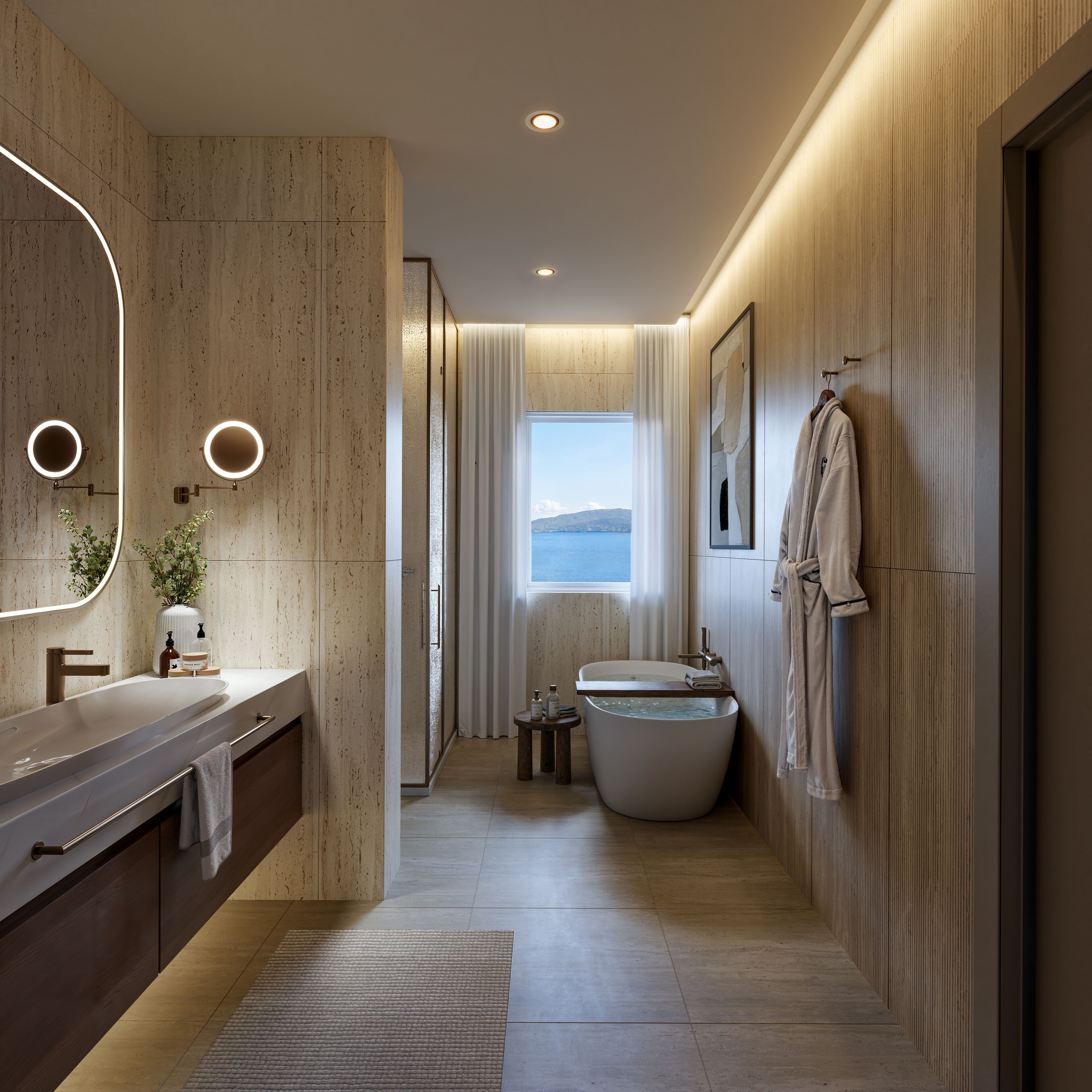 Un baño moderno con bañera, tocador y un espejo grande.