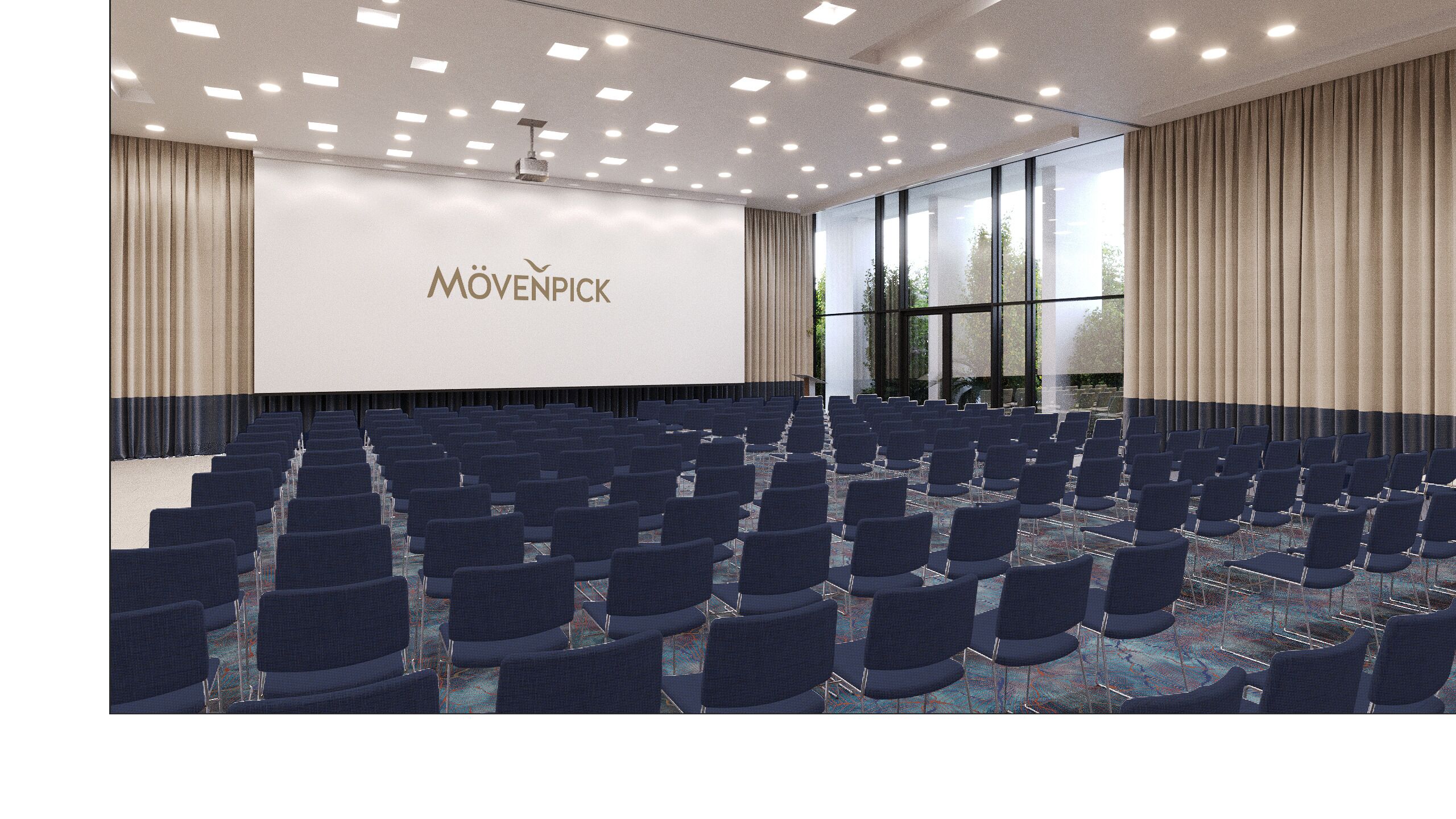 Un salón de conferencias con filas de sillas, una pantalla grande y vistas al exterior.
