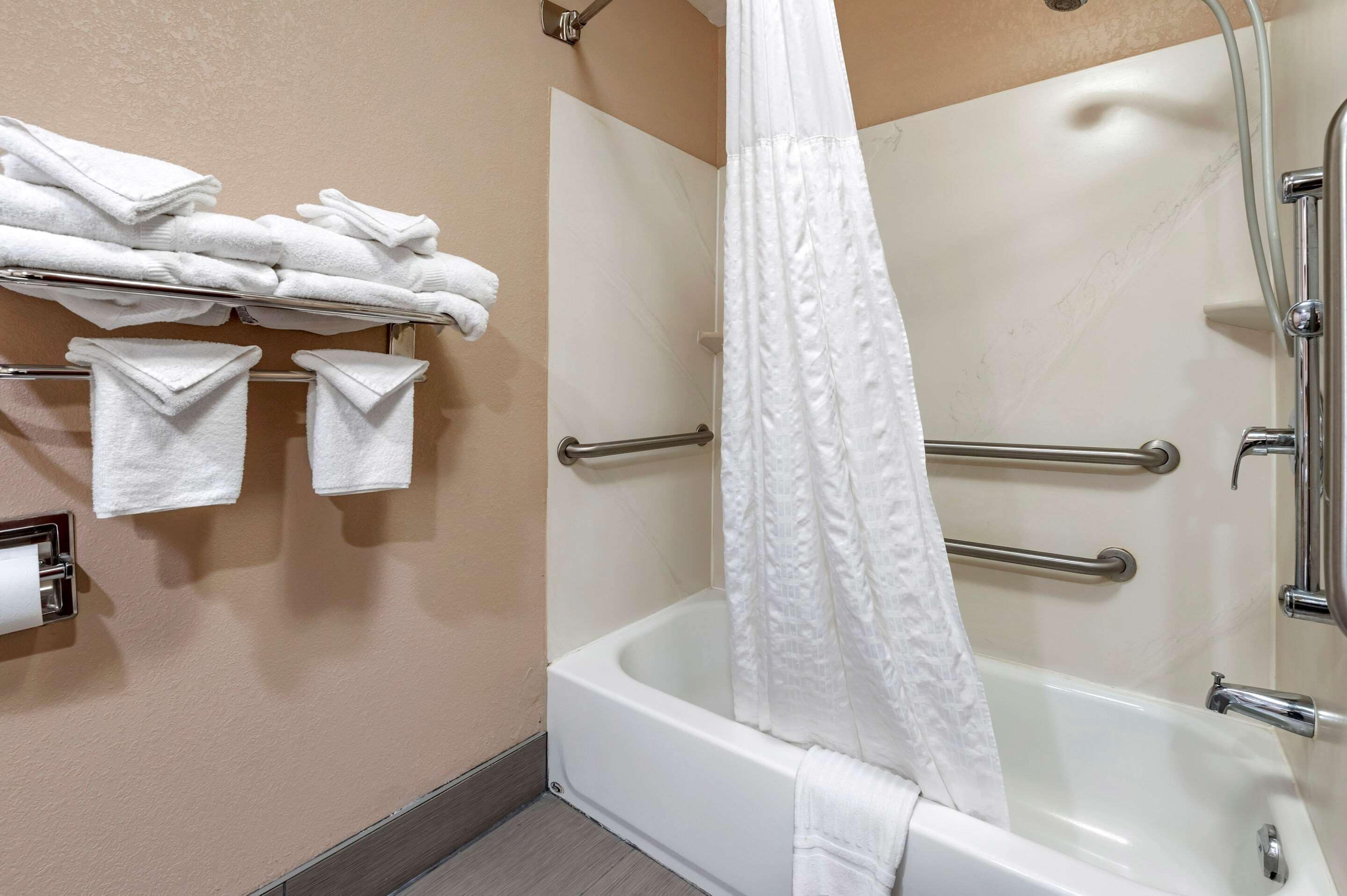 suite, 1 king bed, accessible, non smoking | bathroom | combined shower/bathtub, free toiletries, hair dryer, towels