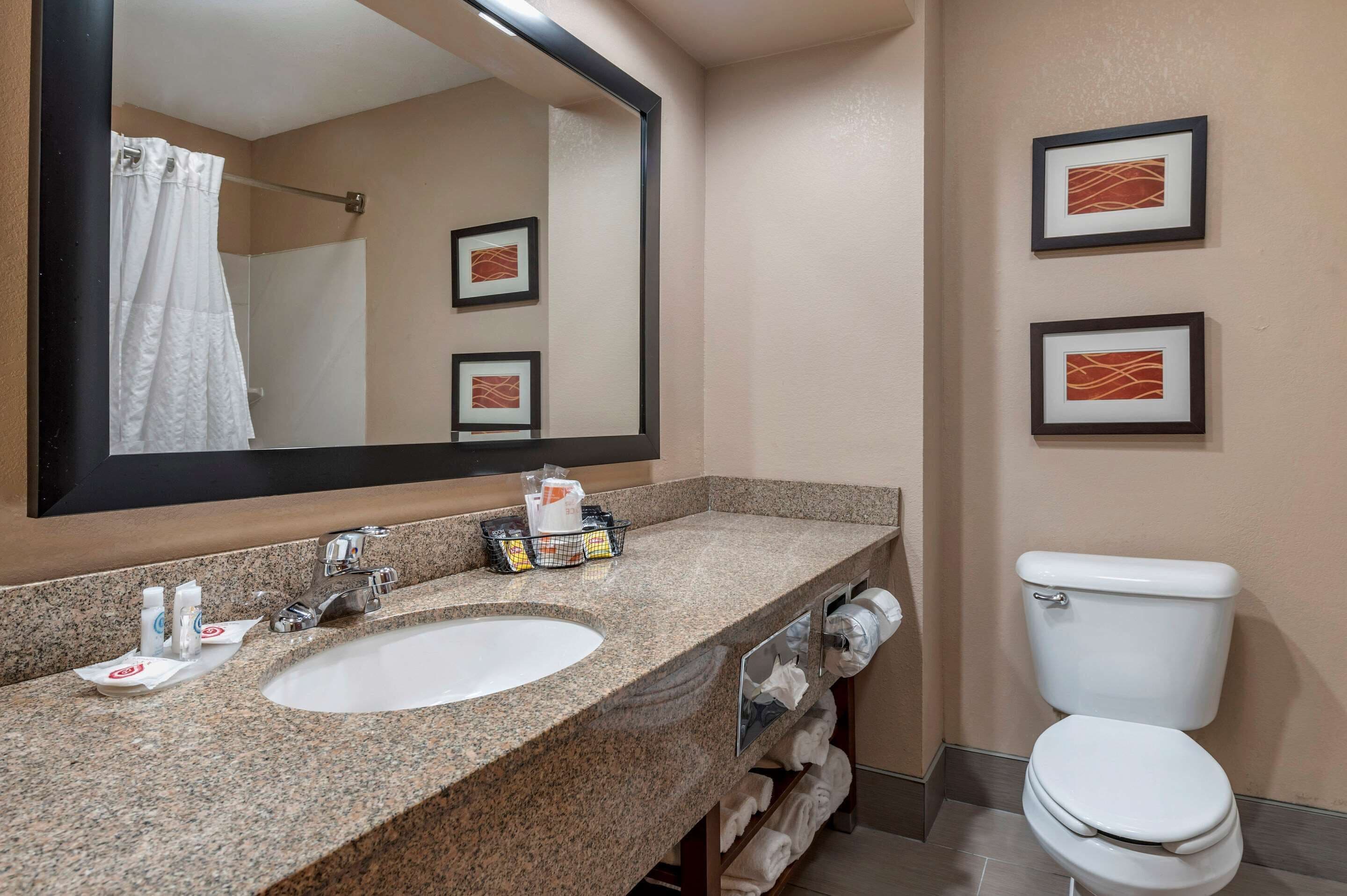 A bathroom with a granite countertop sink, a mirror, a toilet, and framed artwork on the wall.