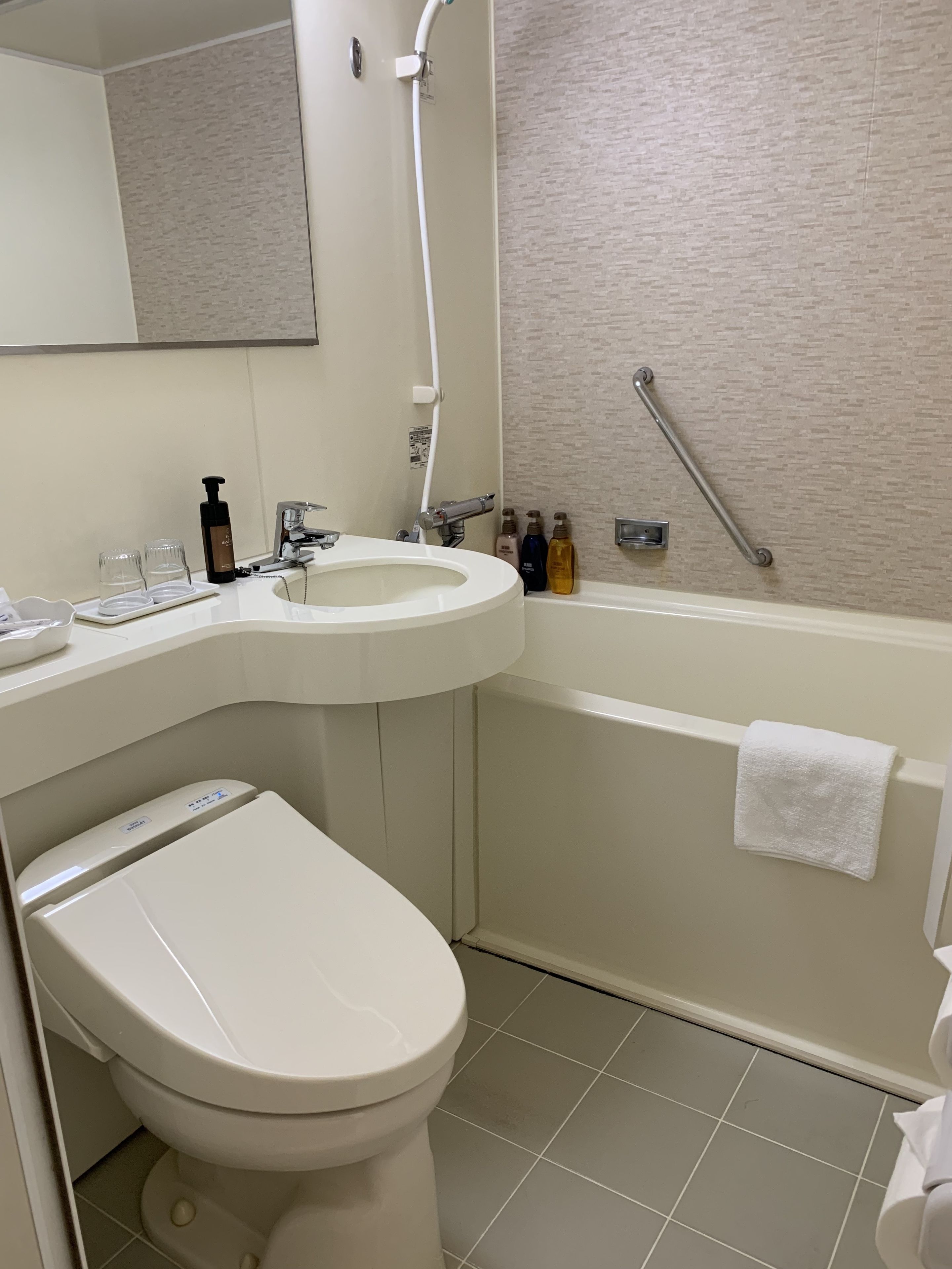 combined shower/bathtub, free toiletries, hair dryer, slippers