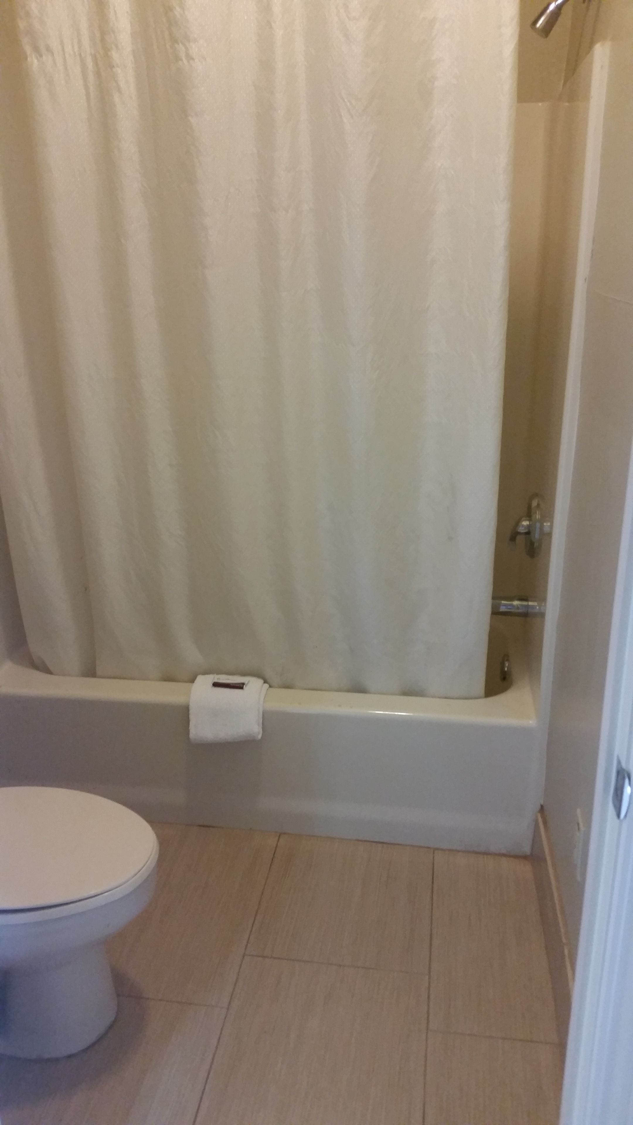 A bathroom with a bathtub, toilet, and a shower curtain.