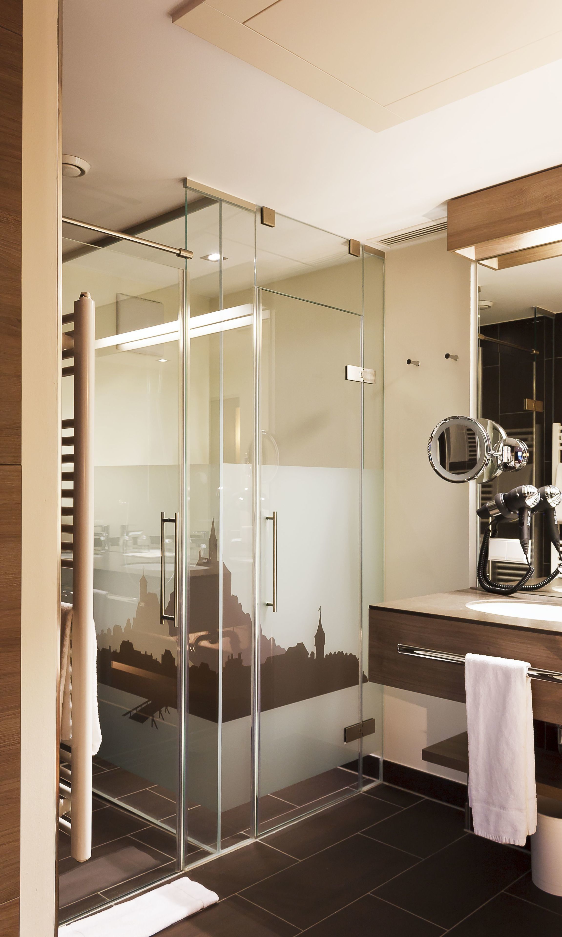 suite | bathroom | shower, hair dryer, bathrobes, towels