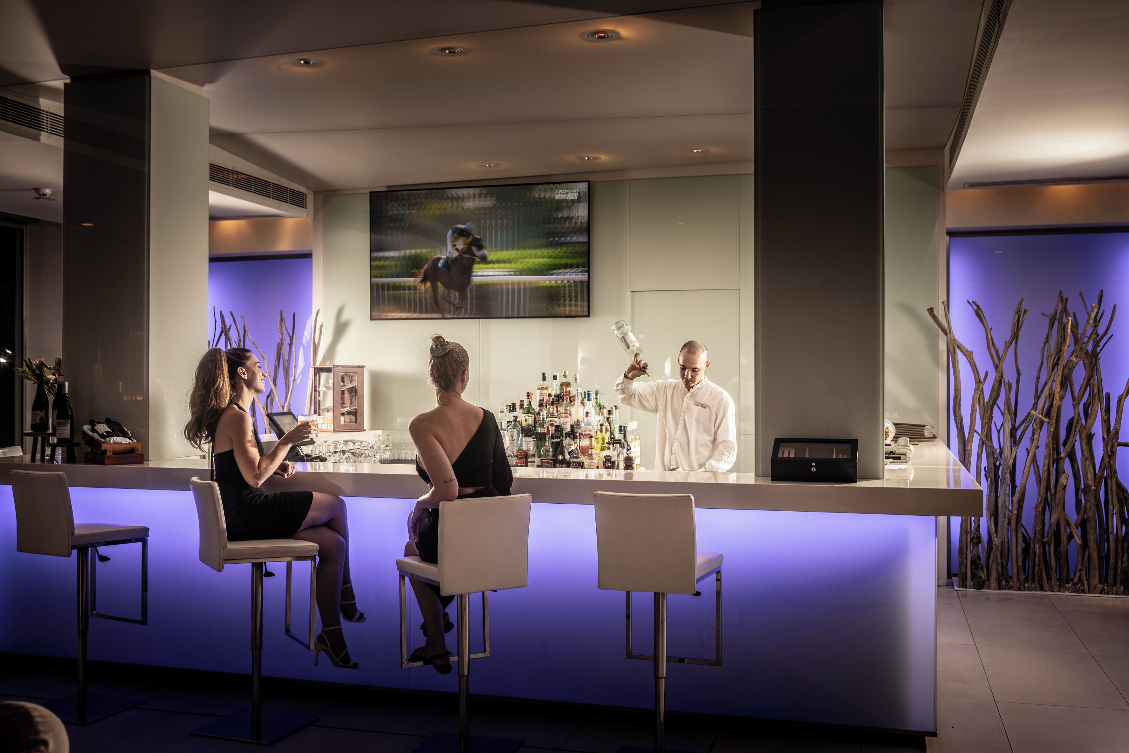 A modern bar area with a long counter, bar stools, and a television screen displaying a nature scene.