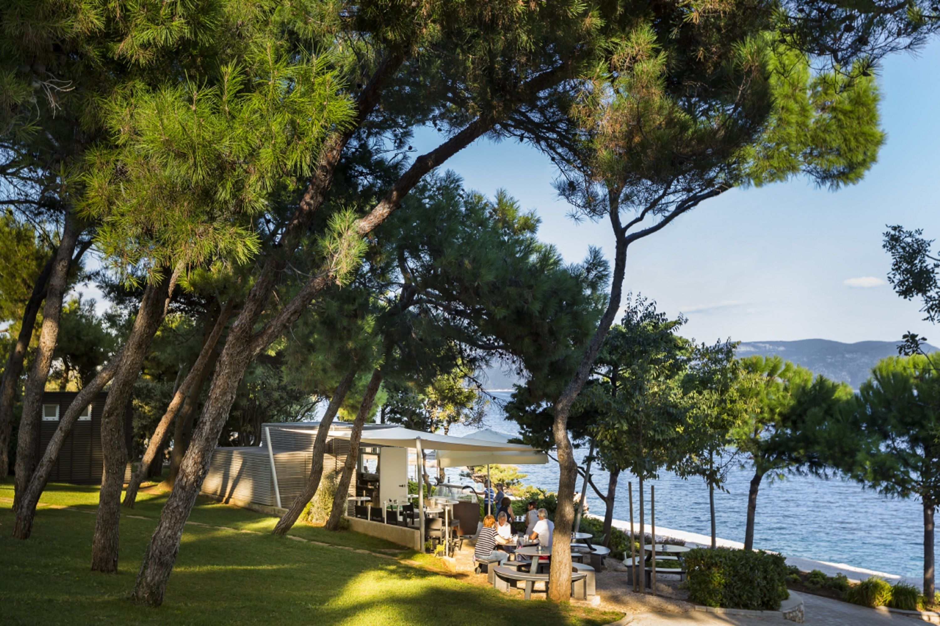 Un espace de restauration en plein air situé au bord du lac, avec des tables et des chaises, entouré d’arbres et offrant une vue sur l’eau.
