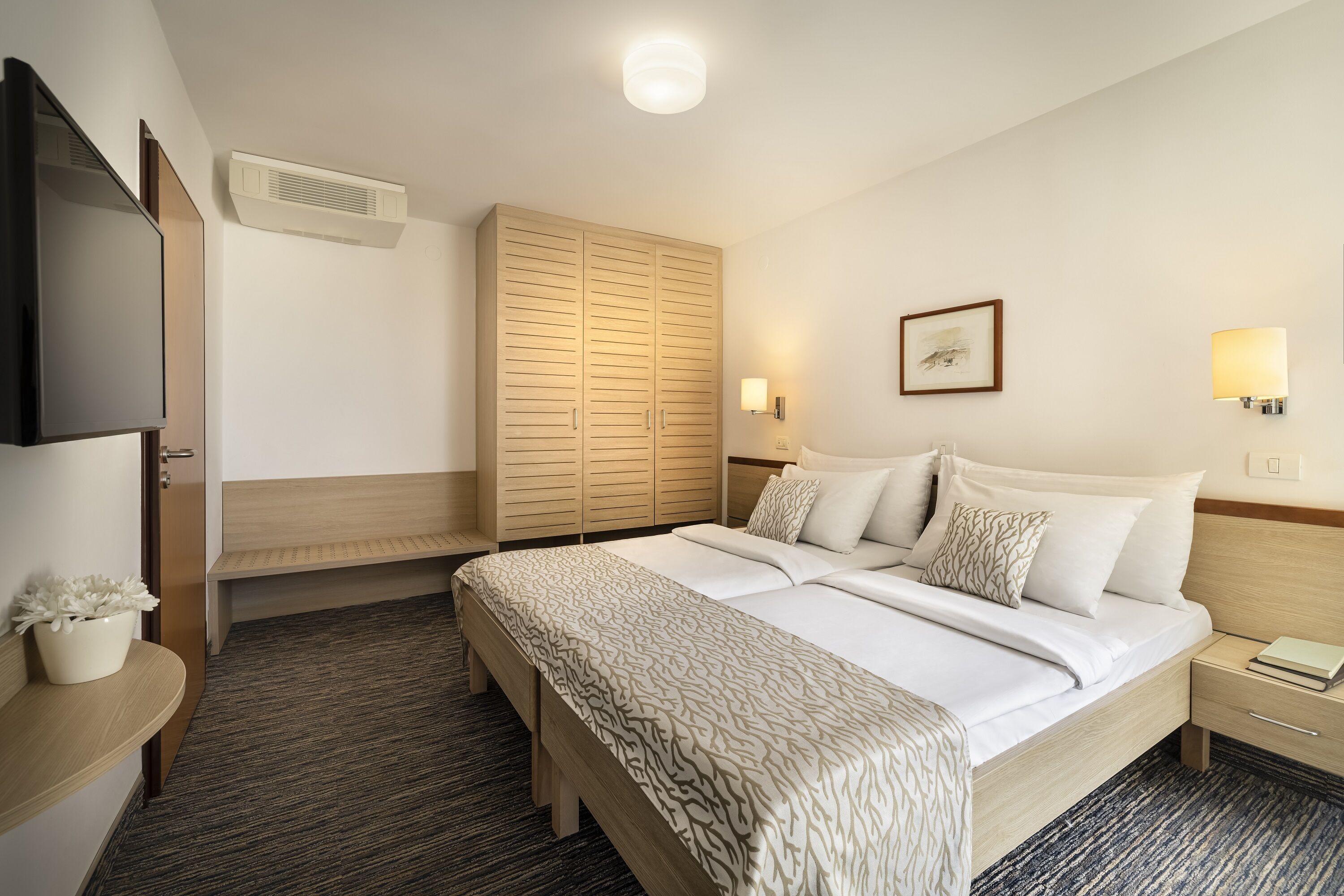 A hotel room with a large bed, a wardrobe, a bedside table with a lamp, and a television.