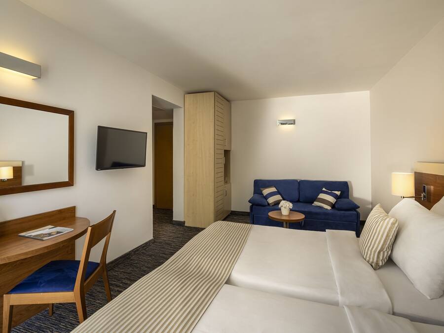 Habitación de hotel con cama, escritorio, silla, sofá y televisión.