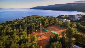 An aerial view of a tennis court surrounded by dense trees, overlooking a large body of water and distant hills.