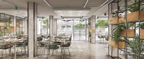Un restaurant moderne avec de hauts plafonds, des conduits apparents et un mélange de mobilier en métal et en bois.