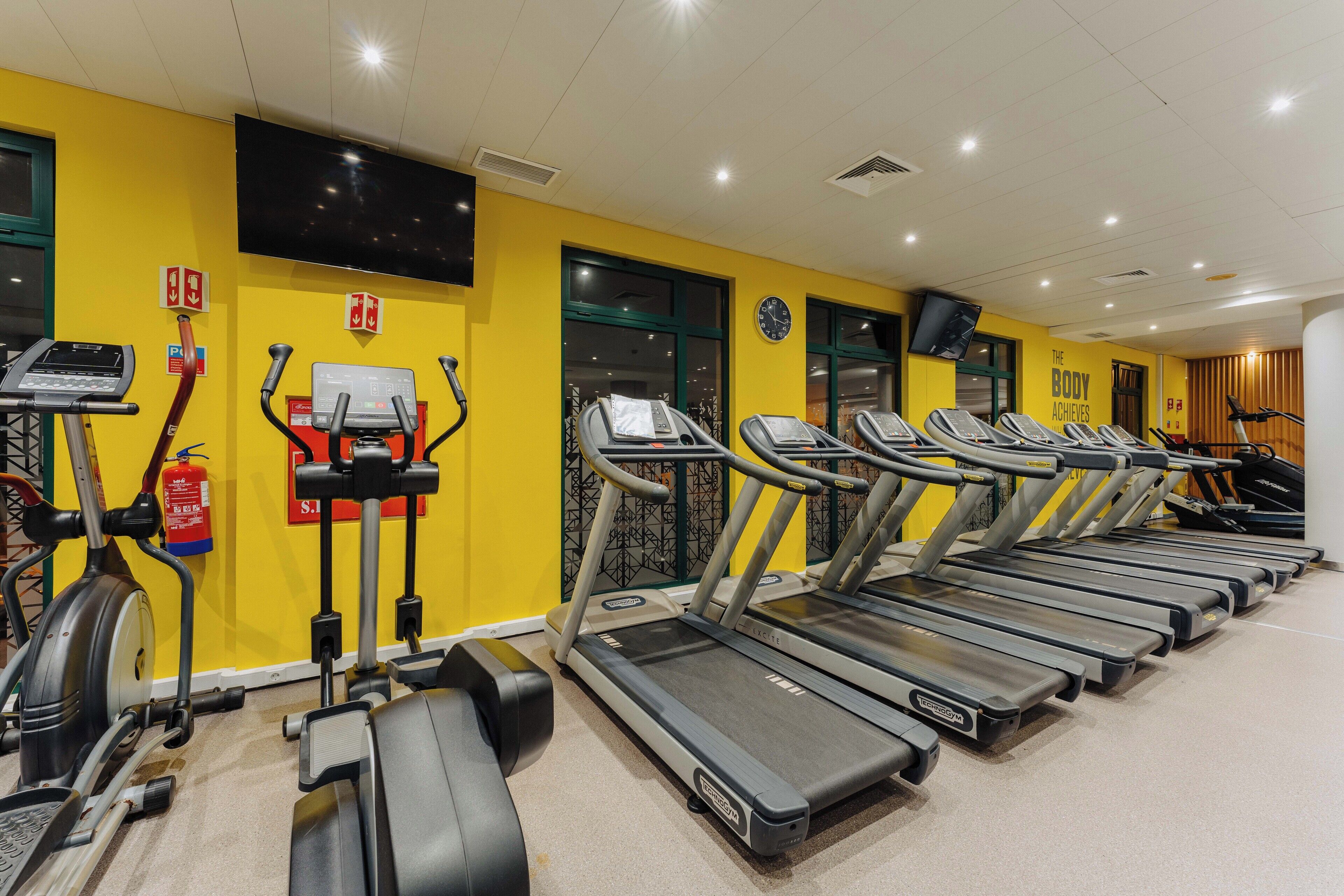 A gym with multiple treadmills, stationary bikes, and ellipticals.