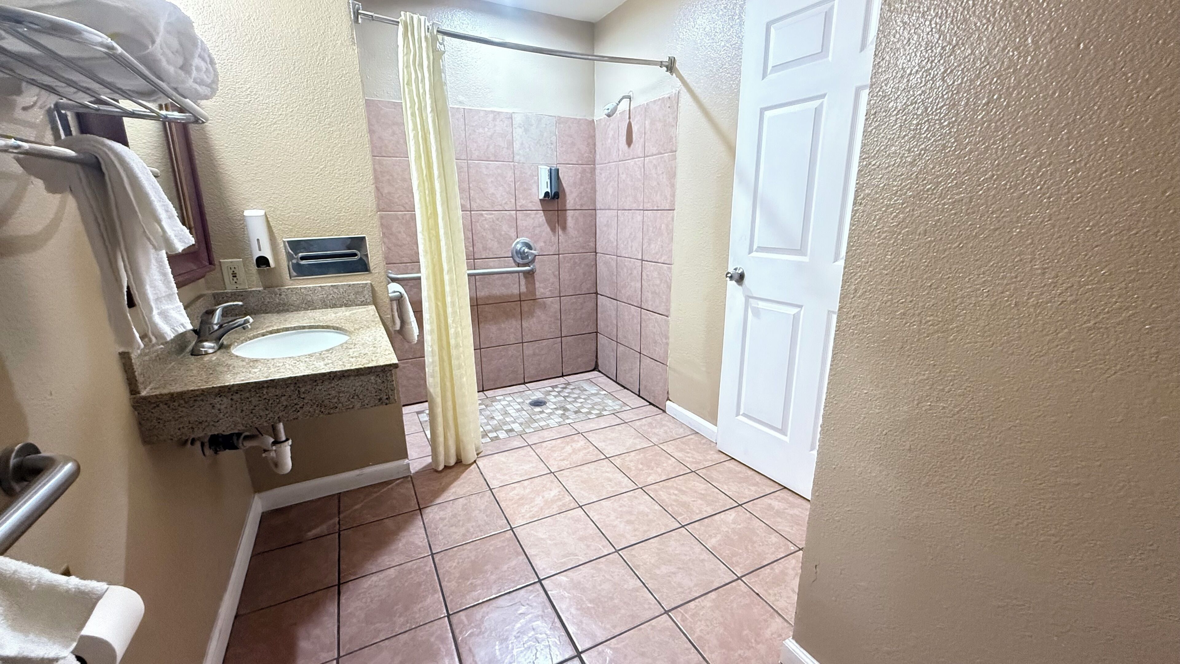A bathroom with a sink, mirror, towel rack, shower curtain, and a door.