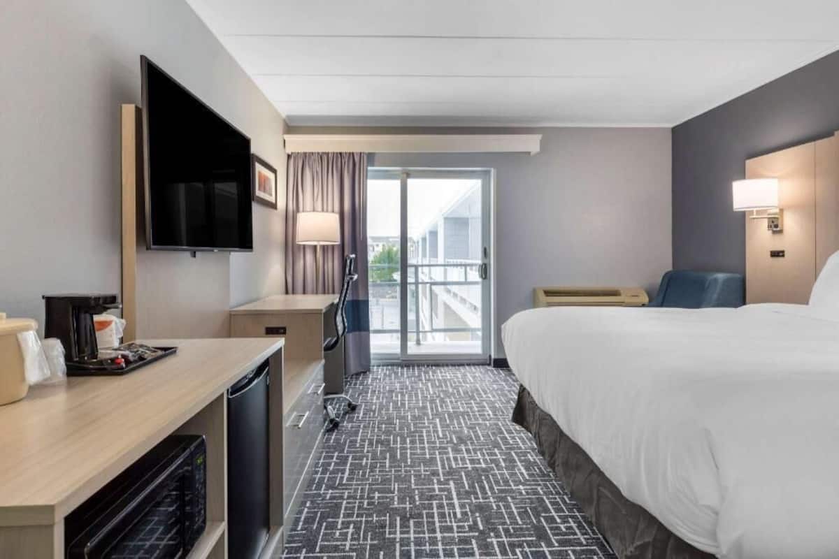 A hotel room with a bed, a desk with a TV, a coffee maker, a vacuum cleaner, and a view of the outside.
