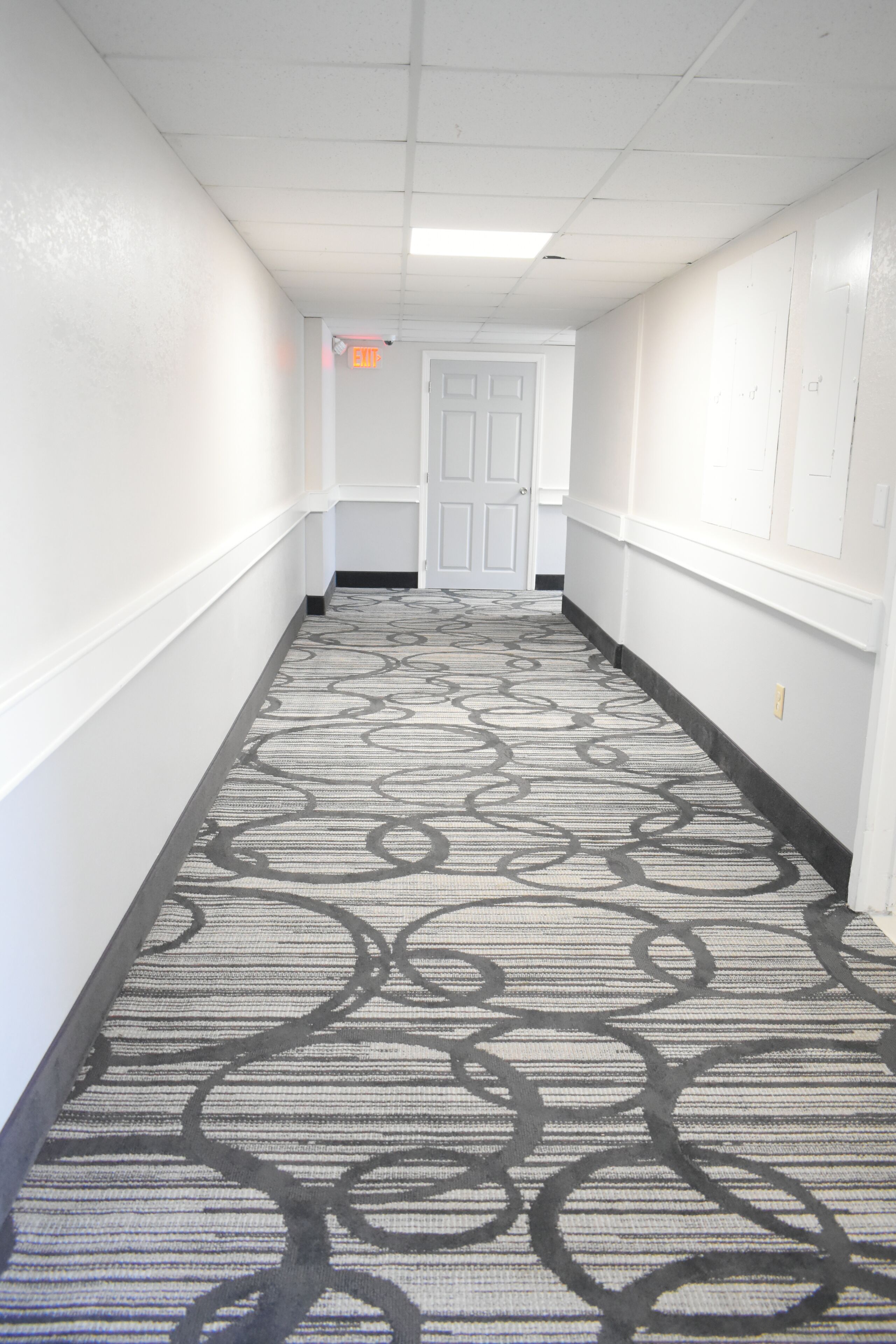 Un couloir avec un tapis à motifs, des murs blancs et une porte au fond.