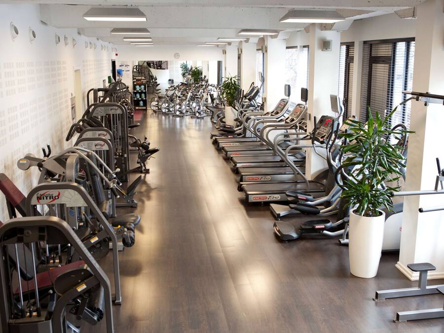 Un gimnasio con cintas de correr, elípticas y máquinas de pesas dispuestas en filas.