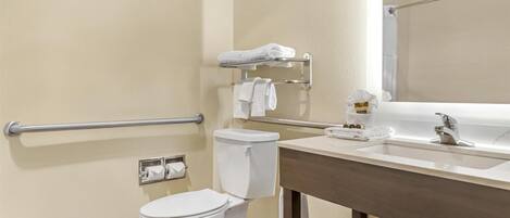 A bathroom with a toilet, a handrail, a sink with a mirror, and a towel rack.